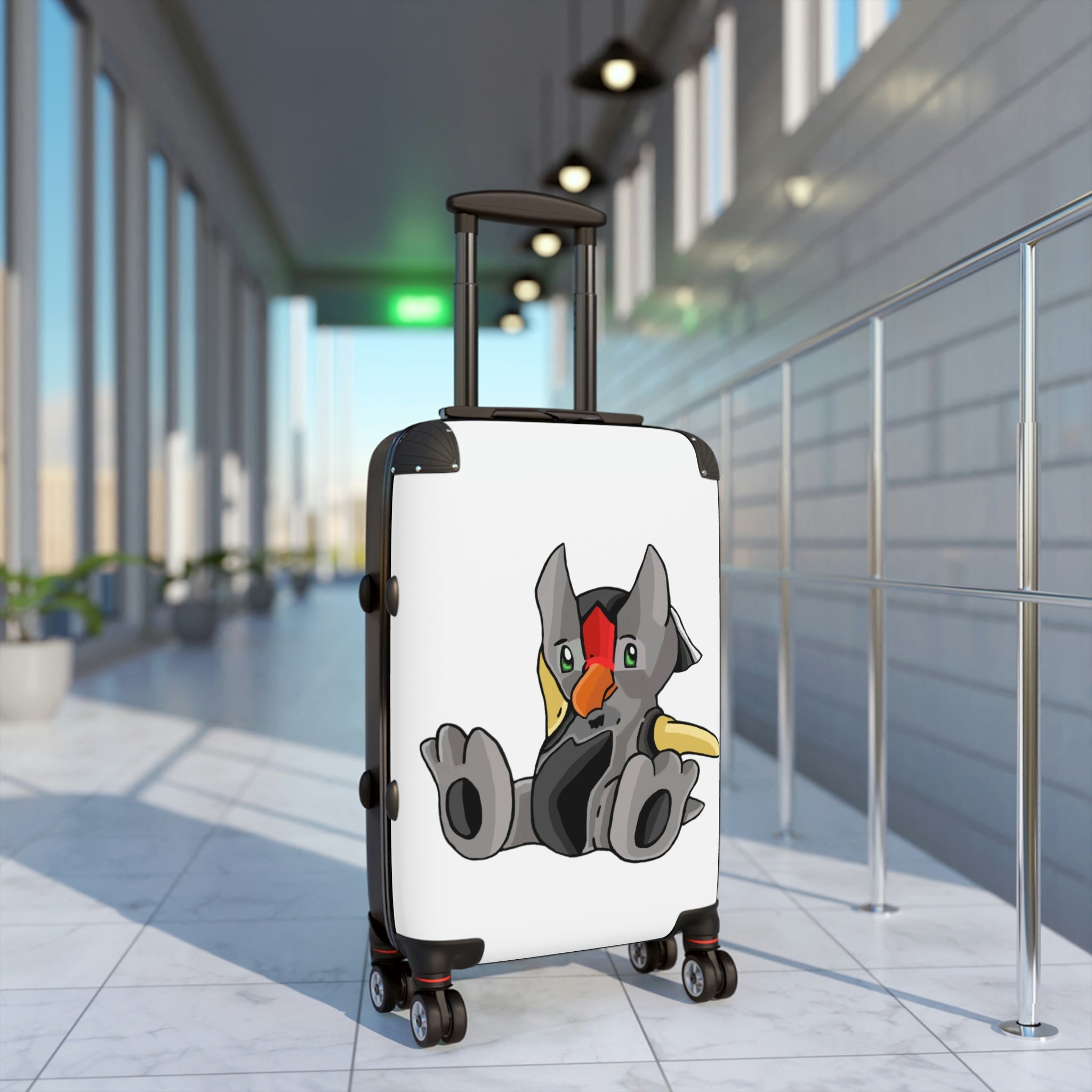 Raylow Cabin Suitcase featuring a personalized design, lightweight polycarbonate front, and ABS back, with adjustable handle and 360° swivel wheels.