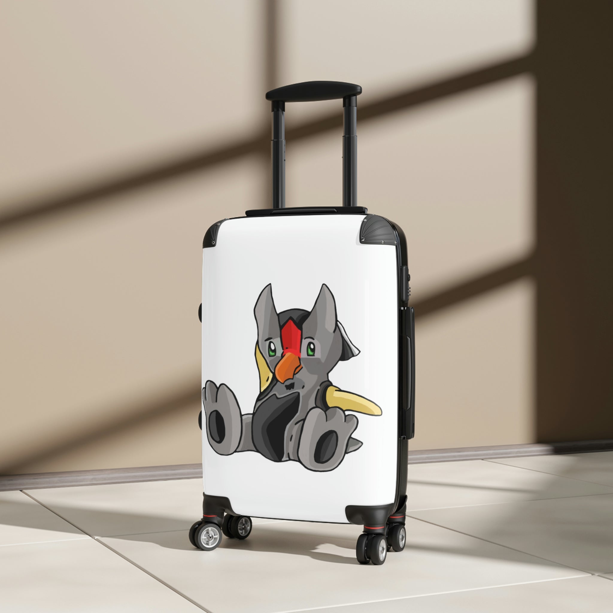 Raylow Cabin Suitcase featuring a personalized design, lightweight polycarbonate front, and ABS back, with adjustable handle and 360° swivel wheels.