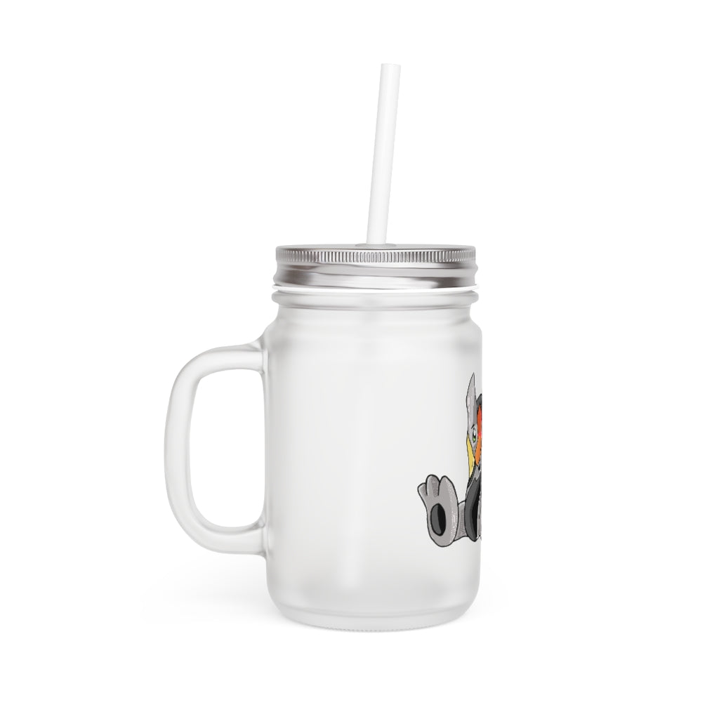 Raylow Mason Jar with frosted glass finish, straw, and lid, perfect for personalized drinks.