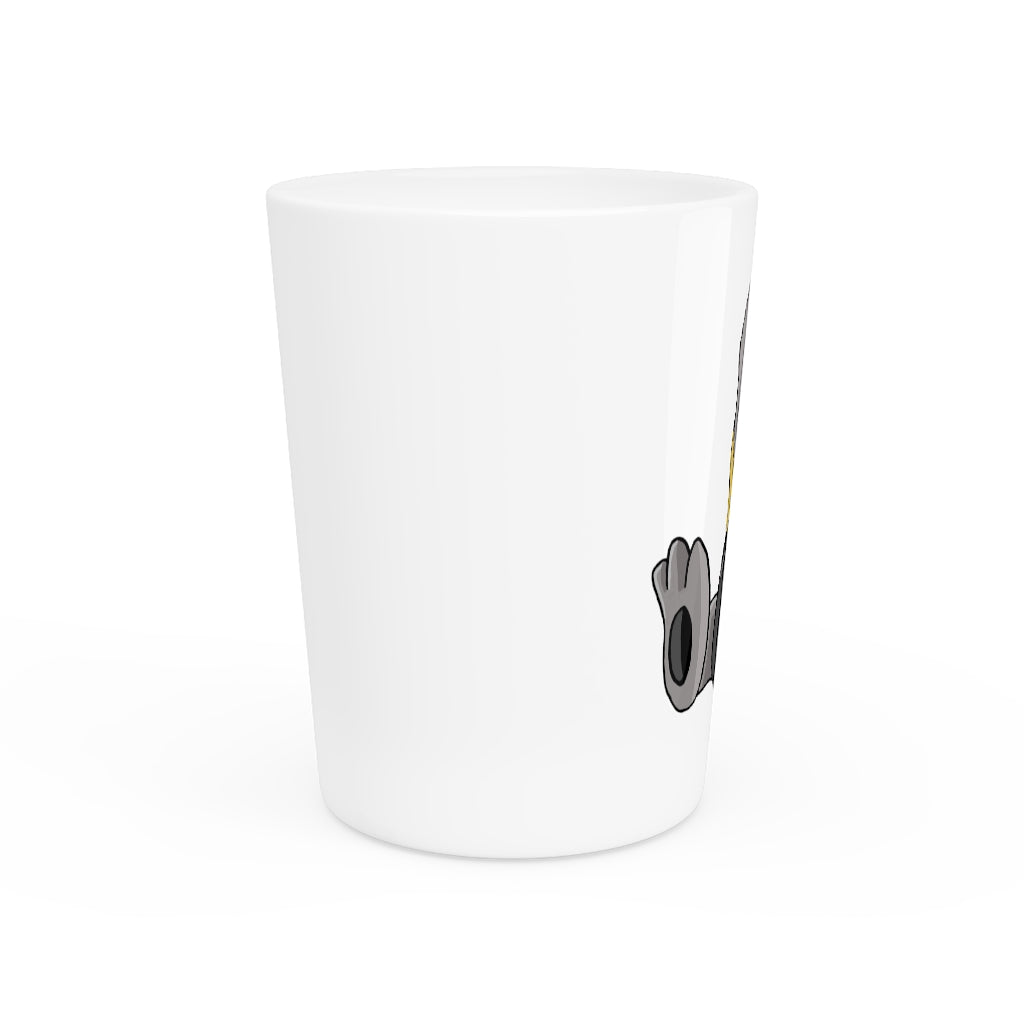 Raylow Shot Glass with customizable design, featuring a white ceramic body and black interior.