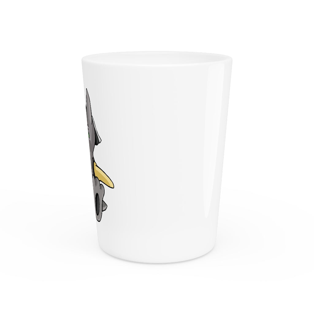 Raylow Shot Glass with customizable design, featuring a white ceramic body and black interior.