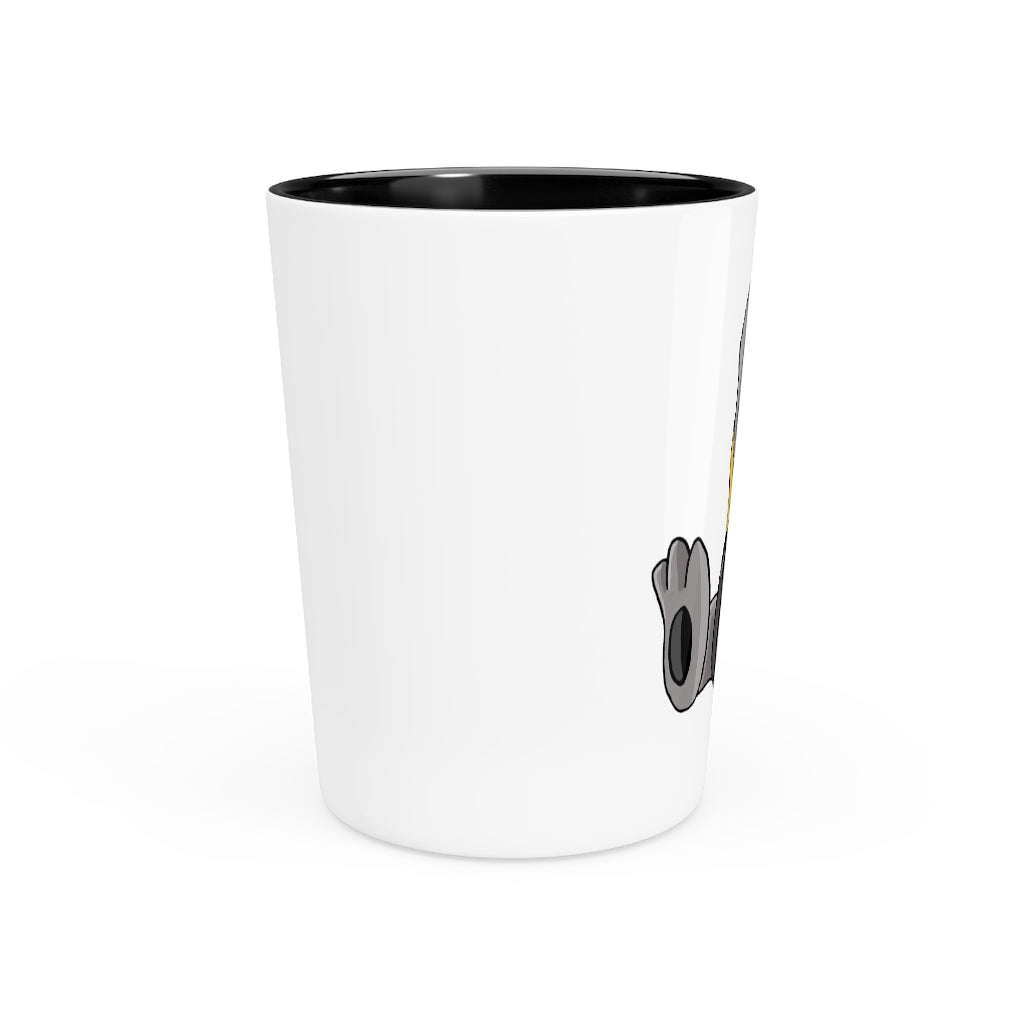 Raylow Shot Glass with customizable design, featuring a white ceramic body and black interior.