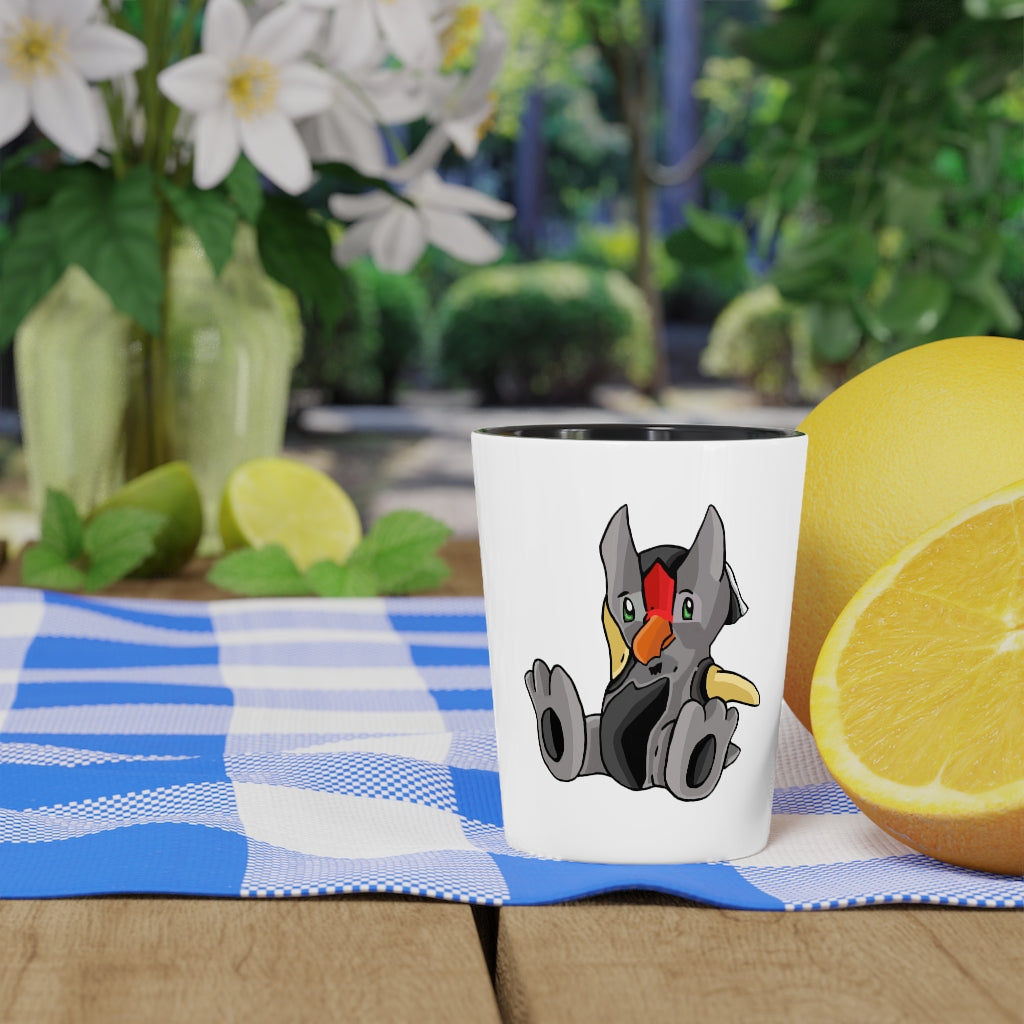 Raylow Shot Glass with customizable design, featuring a white ceramic body and black interior.