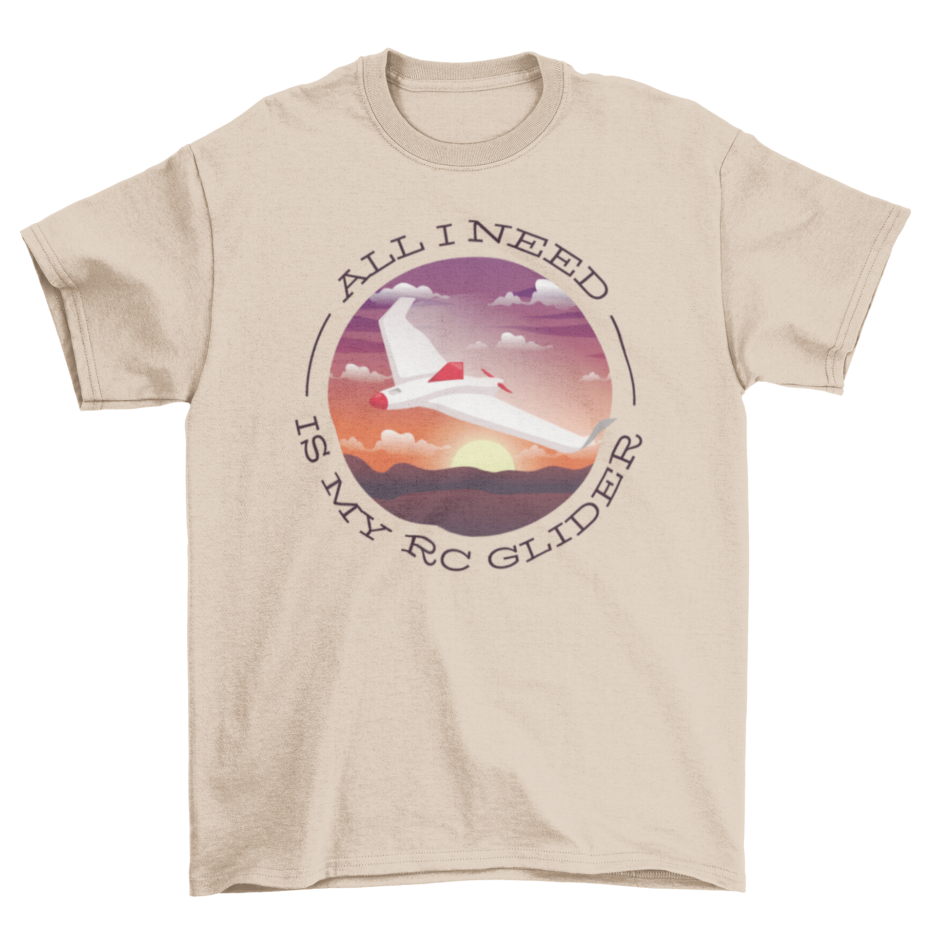 RC Glider Quote T-shirt featuring a soaring glider design and the quote 'ALL I NEED IS MY RC GLIDER' on a comfortable fabric.