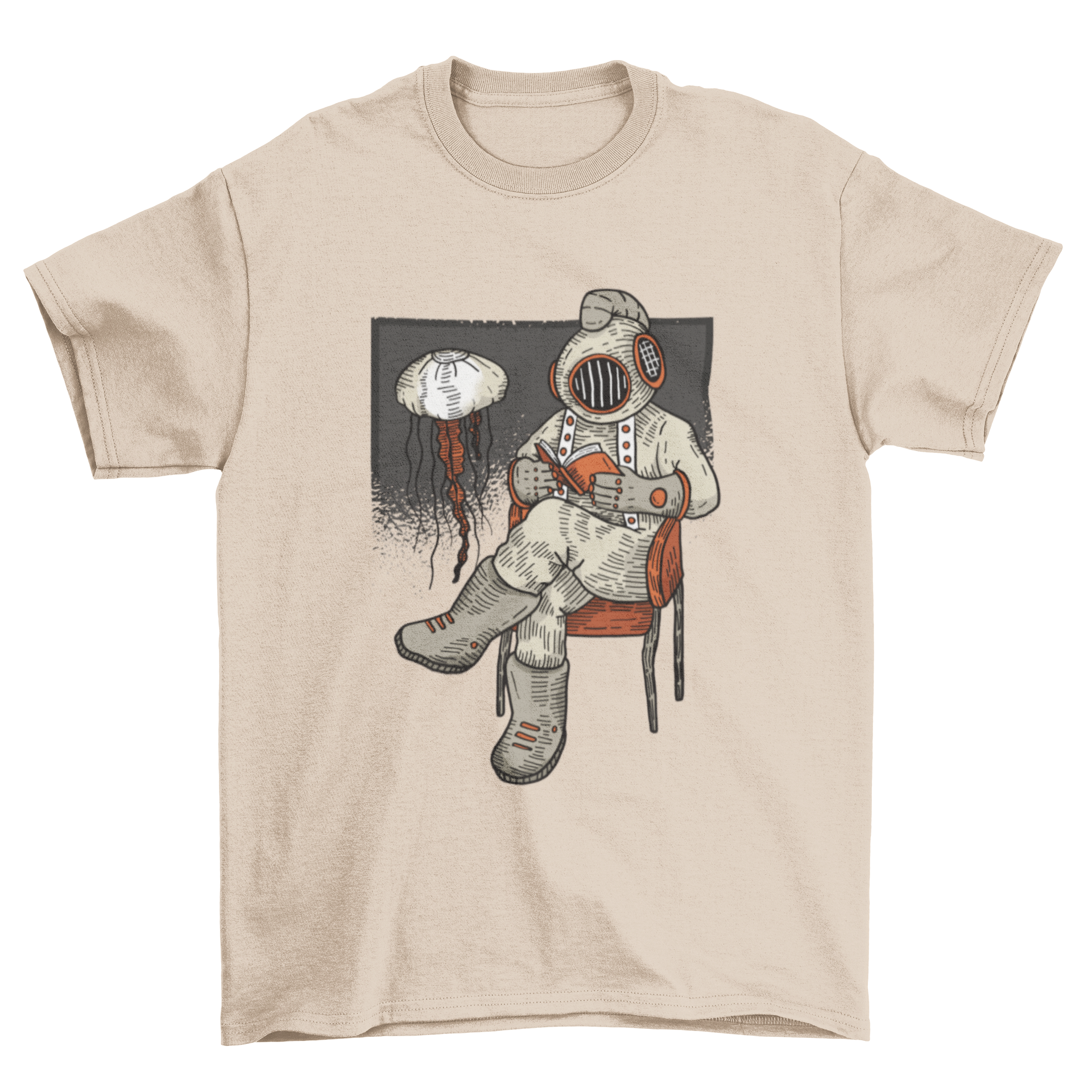 Reading Diver T-Shirt featuring a diver reading underwater with a jellyfish.