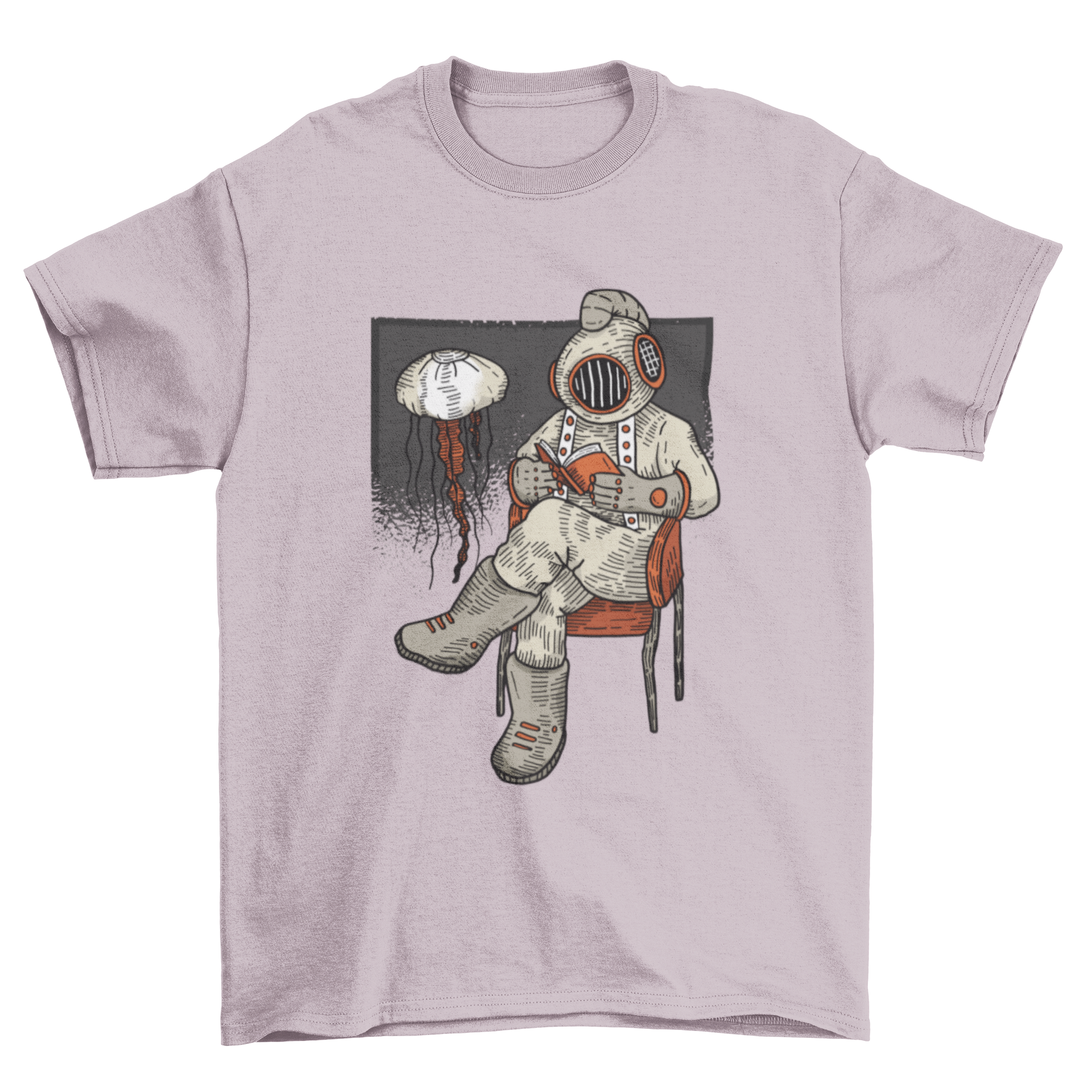 Reading Diver T-Shirt featuring a diver reading underwater with a jellyfish.