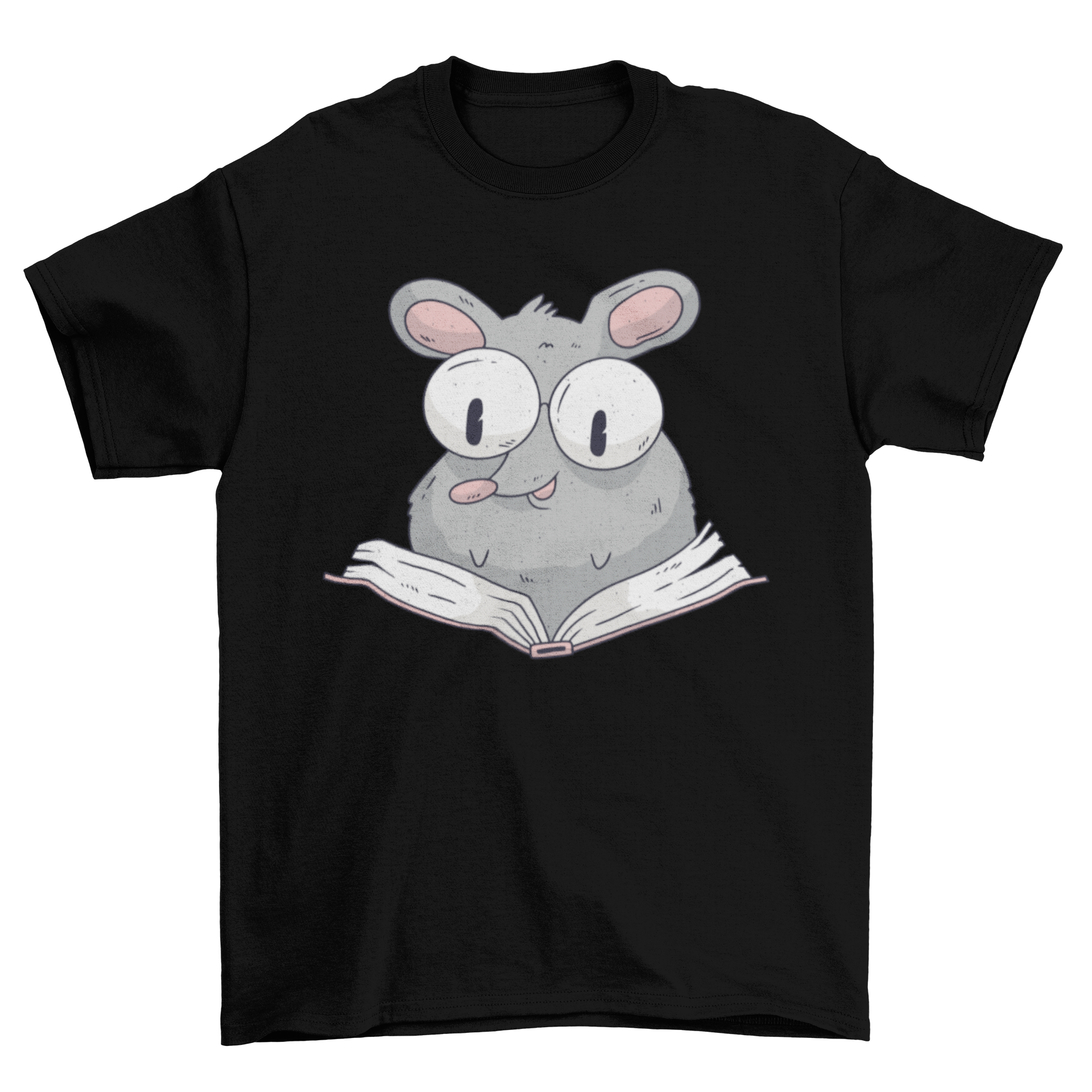 A cute t-shirt featuring a rat with glasses reading a book, showcasing a whimsical design.