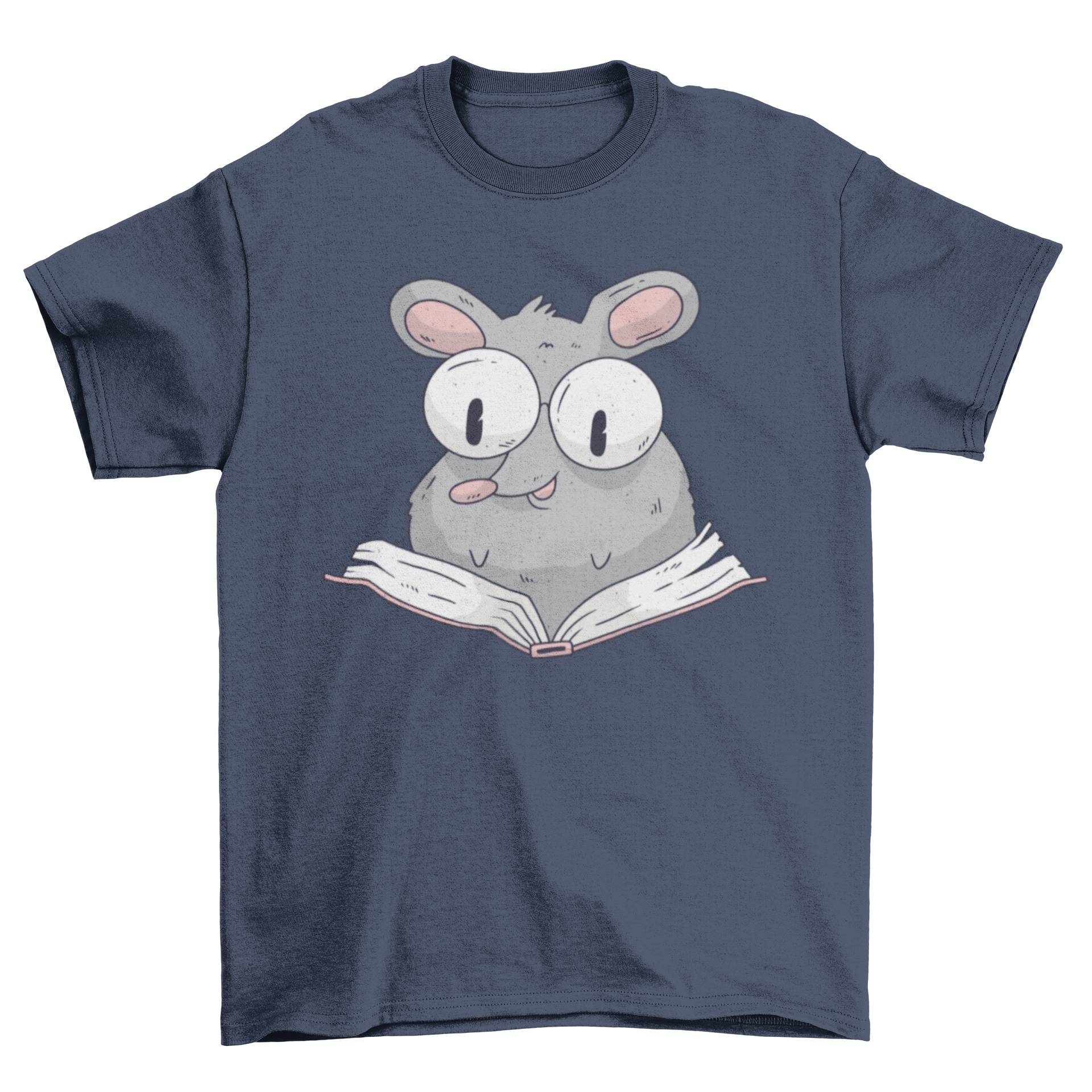 A cute t-shirt featuring a rat with glasses reading a book, showcasing a whimsical design.