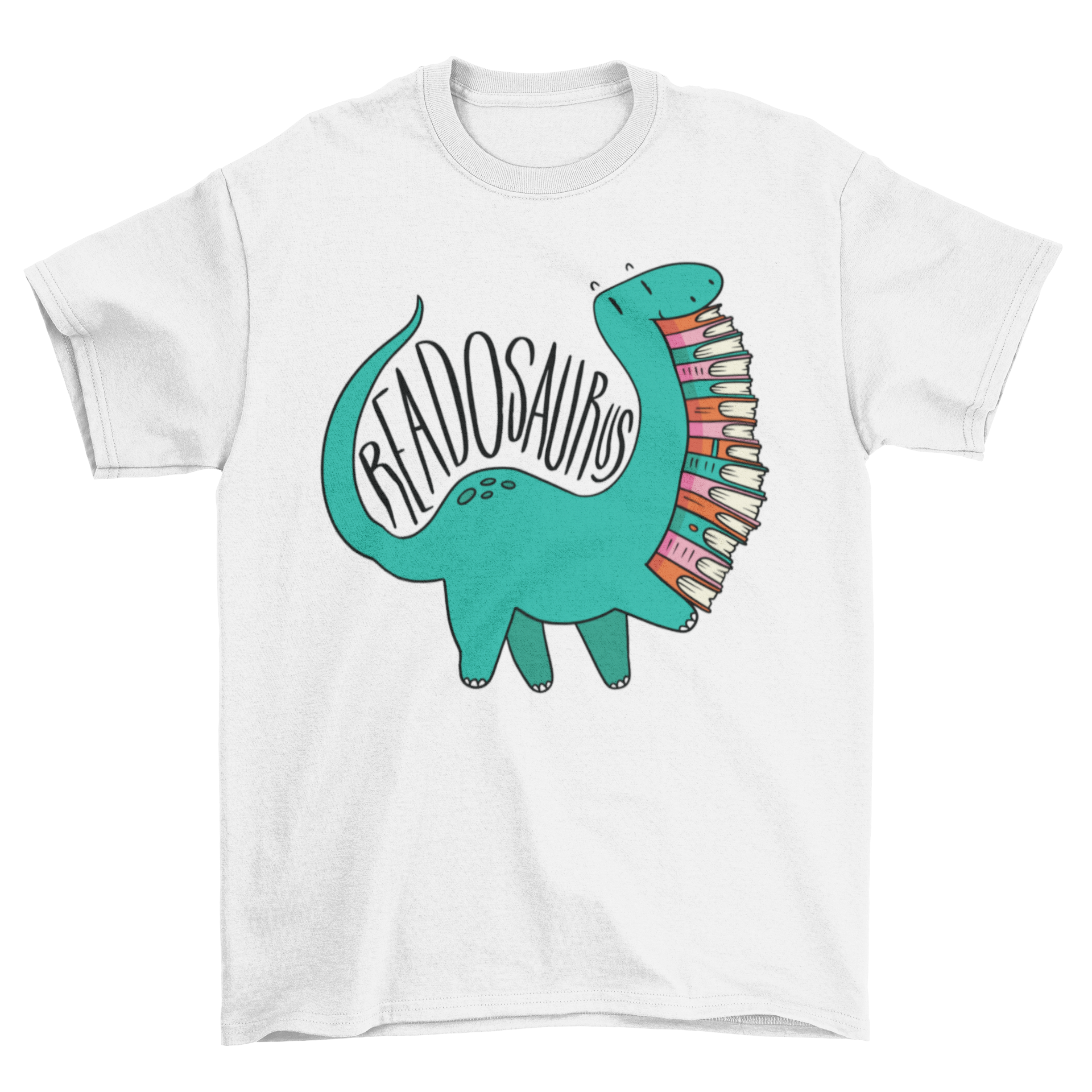 Readosaurus t-shirt featuring a Branchiosaurus holding books and the word 'Readosaurus' in a vibrant design.