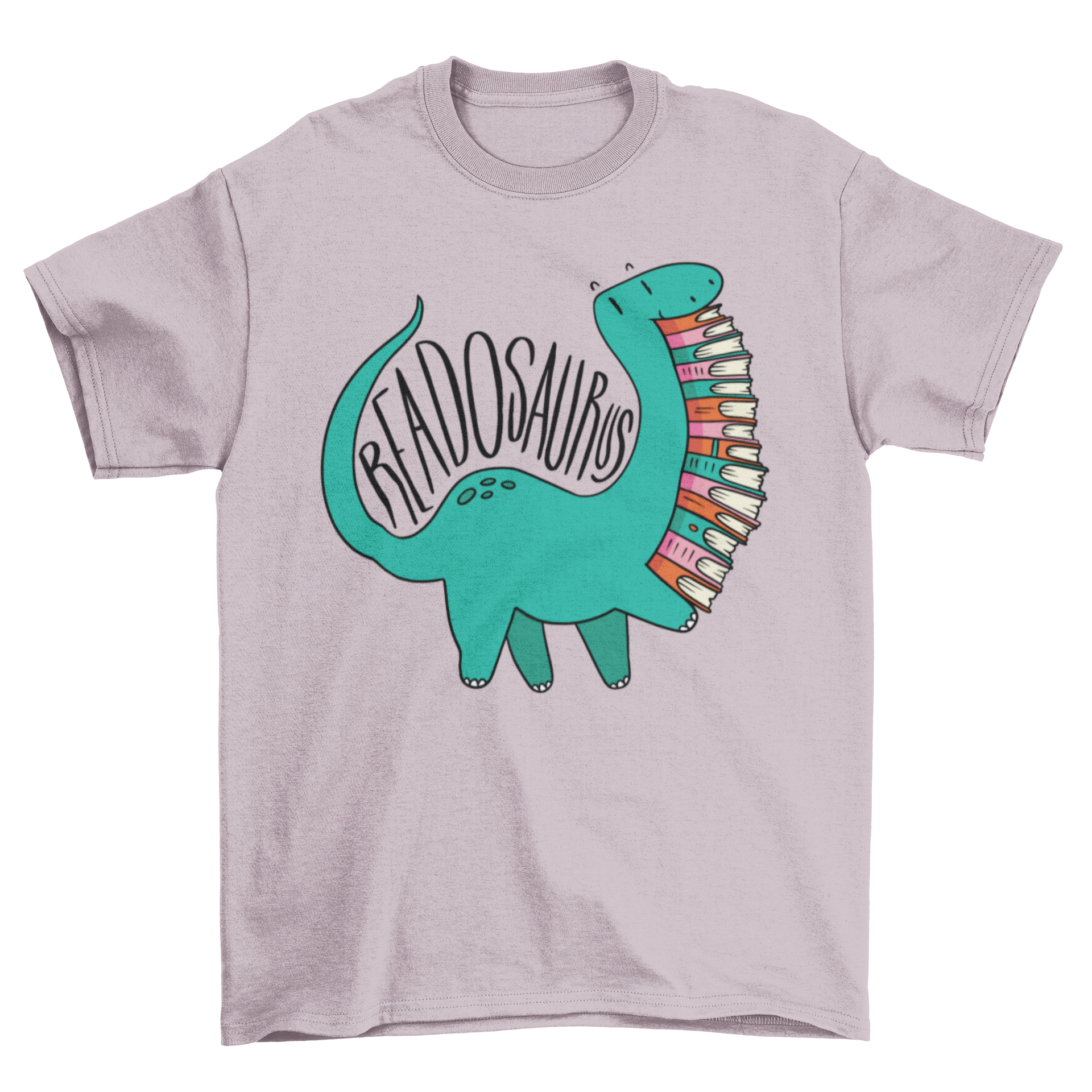 Readosaurus t-shirt featuring a Branchiosaurus holding books and the word 'Readosaurus' in a vibrant design.