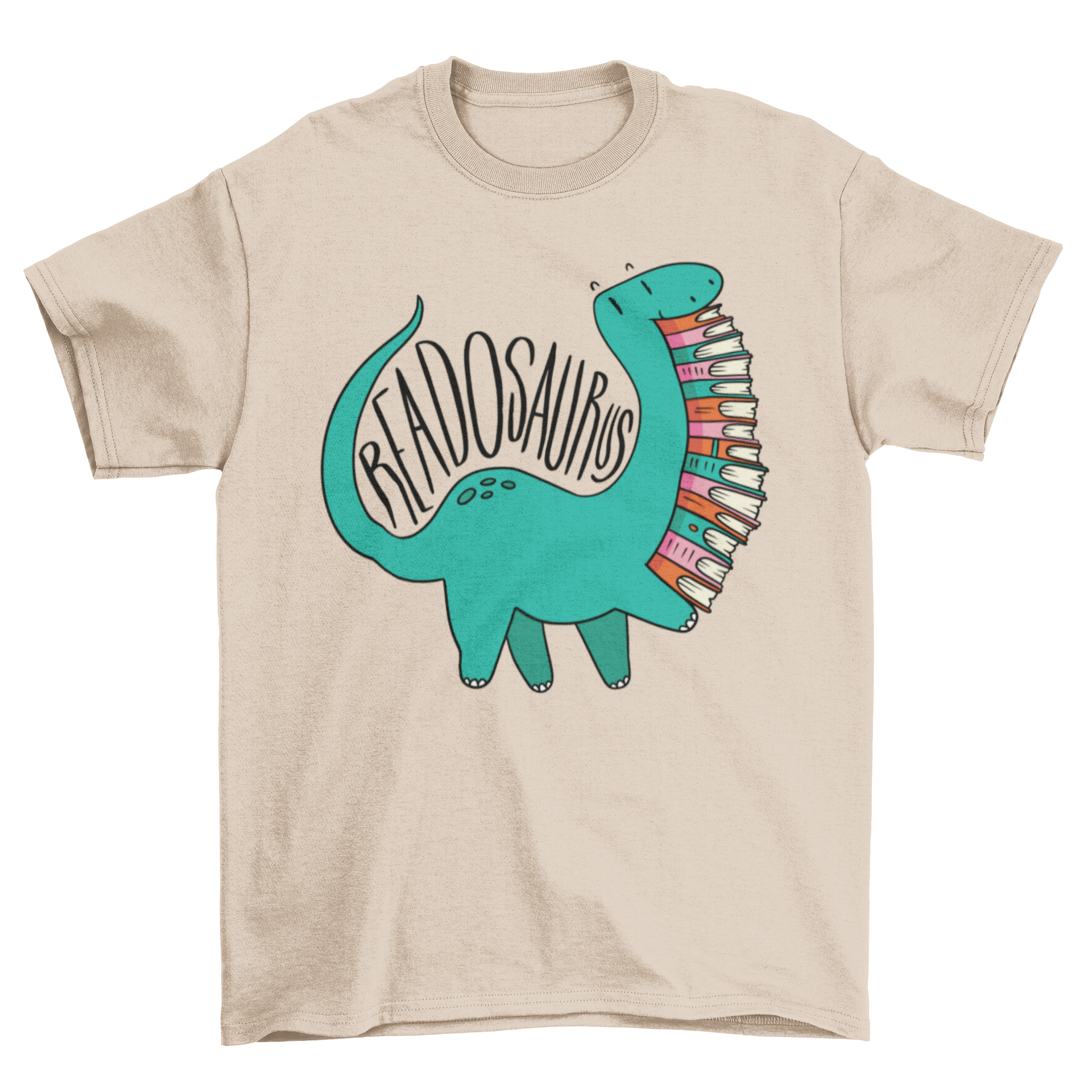 Readosaurus t-shirt featuring a Branchiosaurus holding books and the word 'Readosaurus' in a vibrant design.