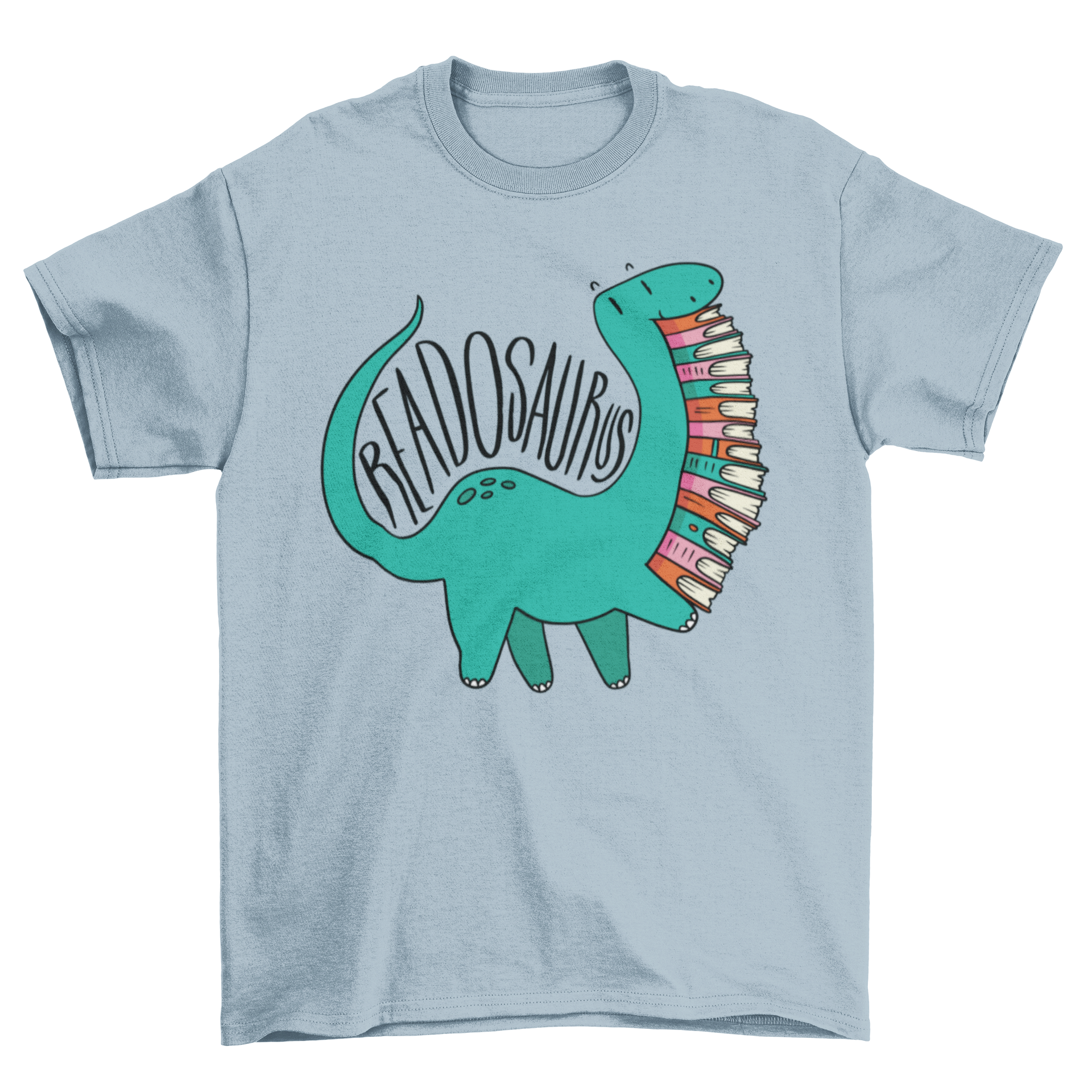 Readosaurus t-shirt featuring a Branchiosaurus holding books and the word 'Readosaurus' in a vibrant design.