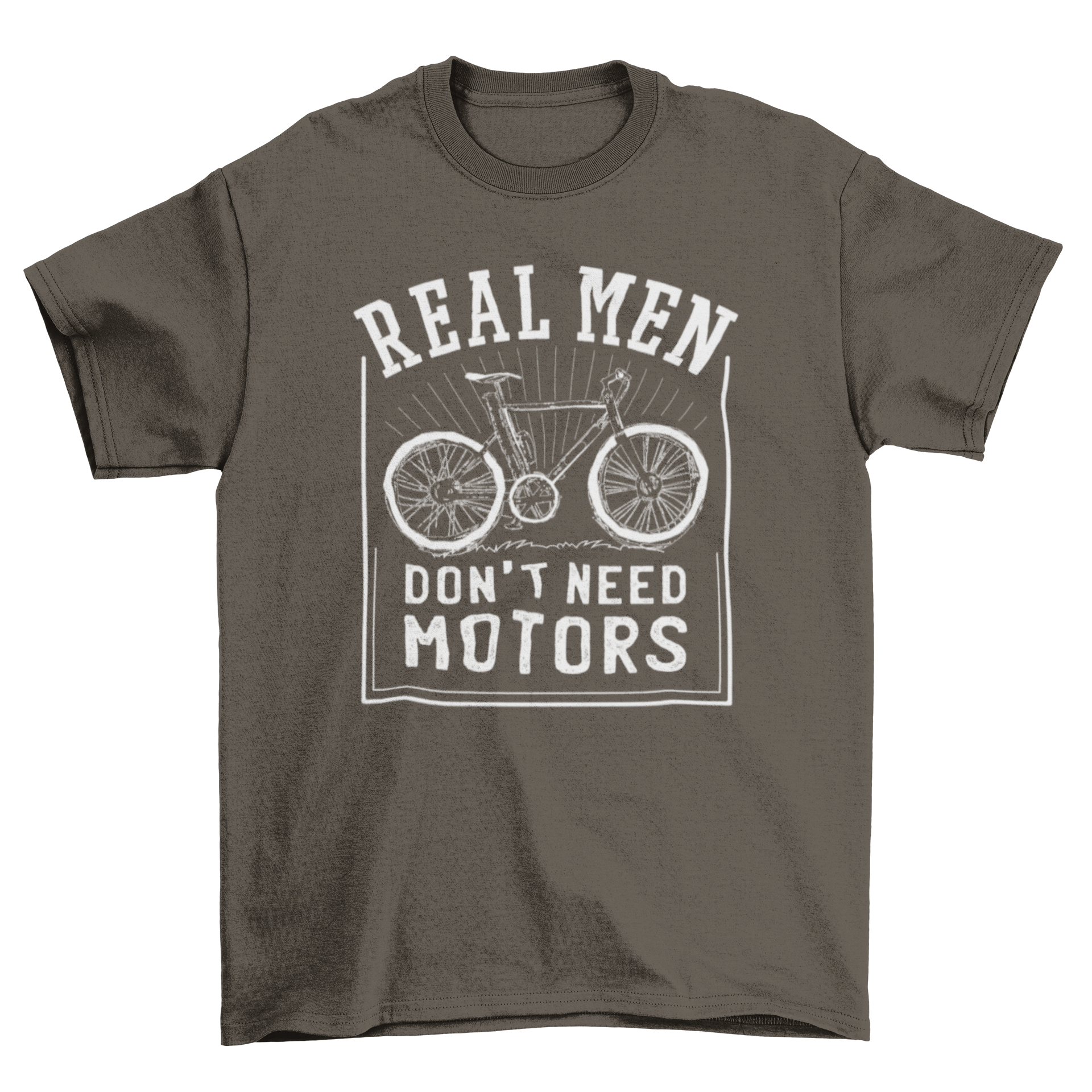 Real Men Bike T-shirt featuring a bicycle illustration and the quote 'REAL MEN DON'T NEED MOTORS'.