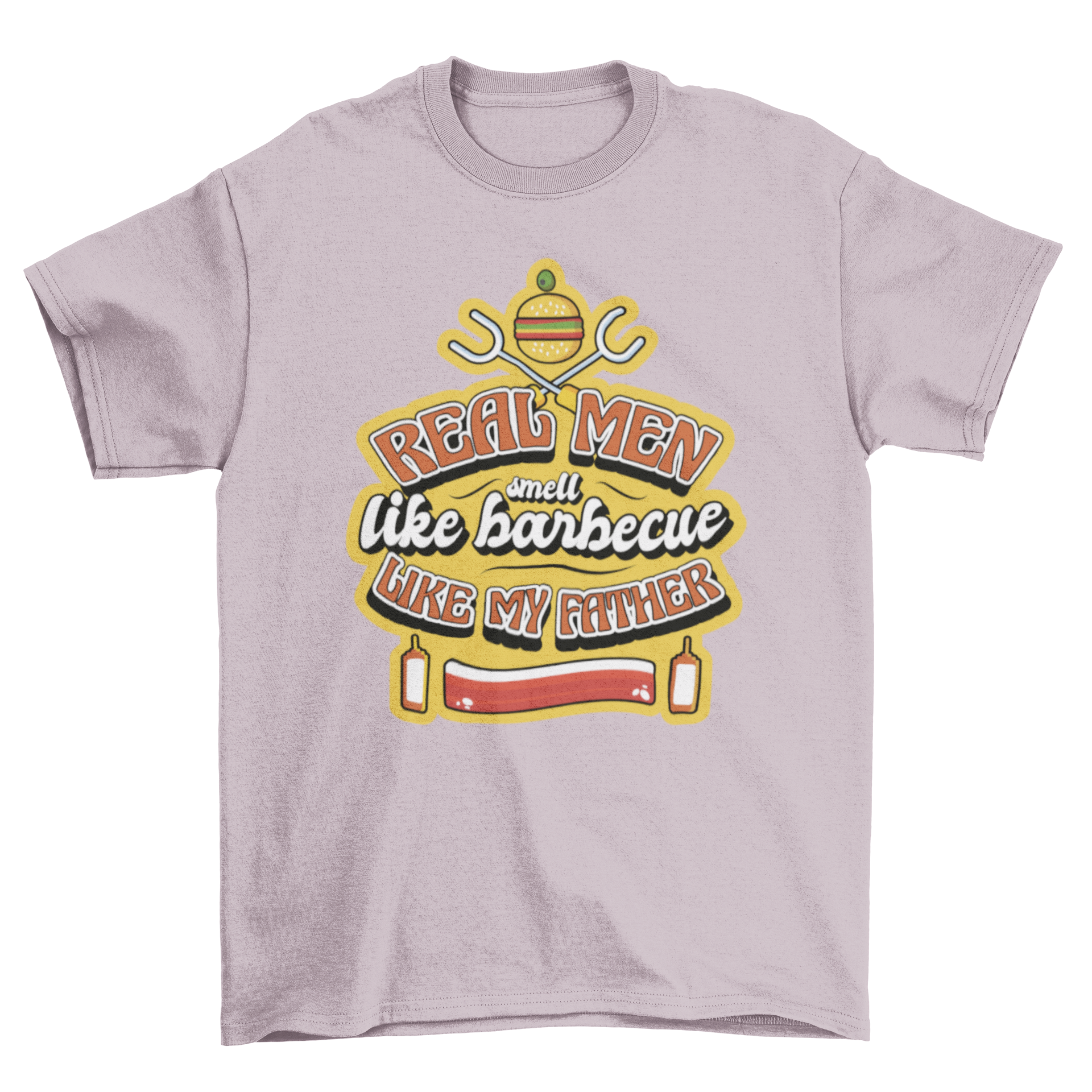 A stylish t-shirt featuring the quote 'Real men smell like barbecue like my father' alongside a burger and grill tools, perfect for barbecue lovers.