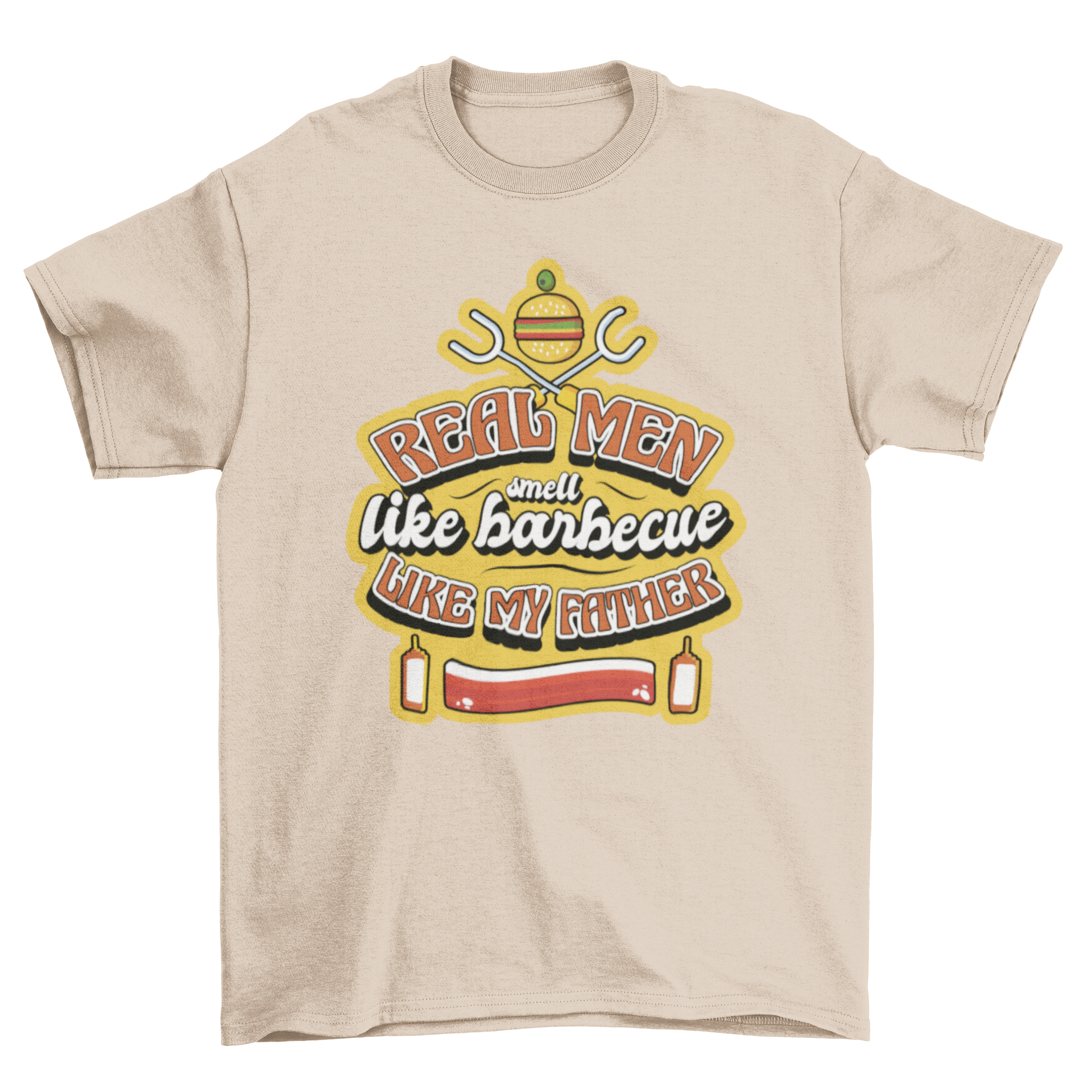 A stylish t-shirt featuring the quote 'Real men smell like barbecue like my father' alongside a burger and grill tools, perfect for barbecue lovers.