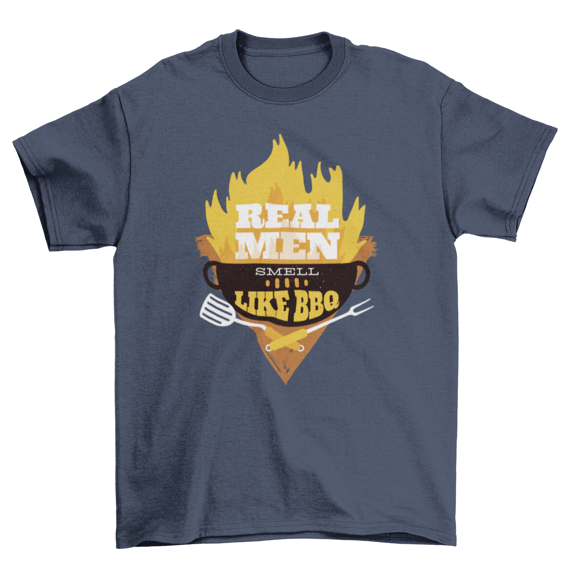 Real Men T-shirt featuring a BBQ grill illustration and flames with the text 'Real Men smell like BBQ'.