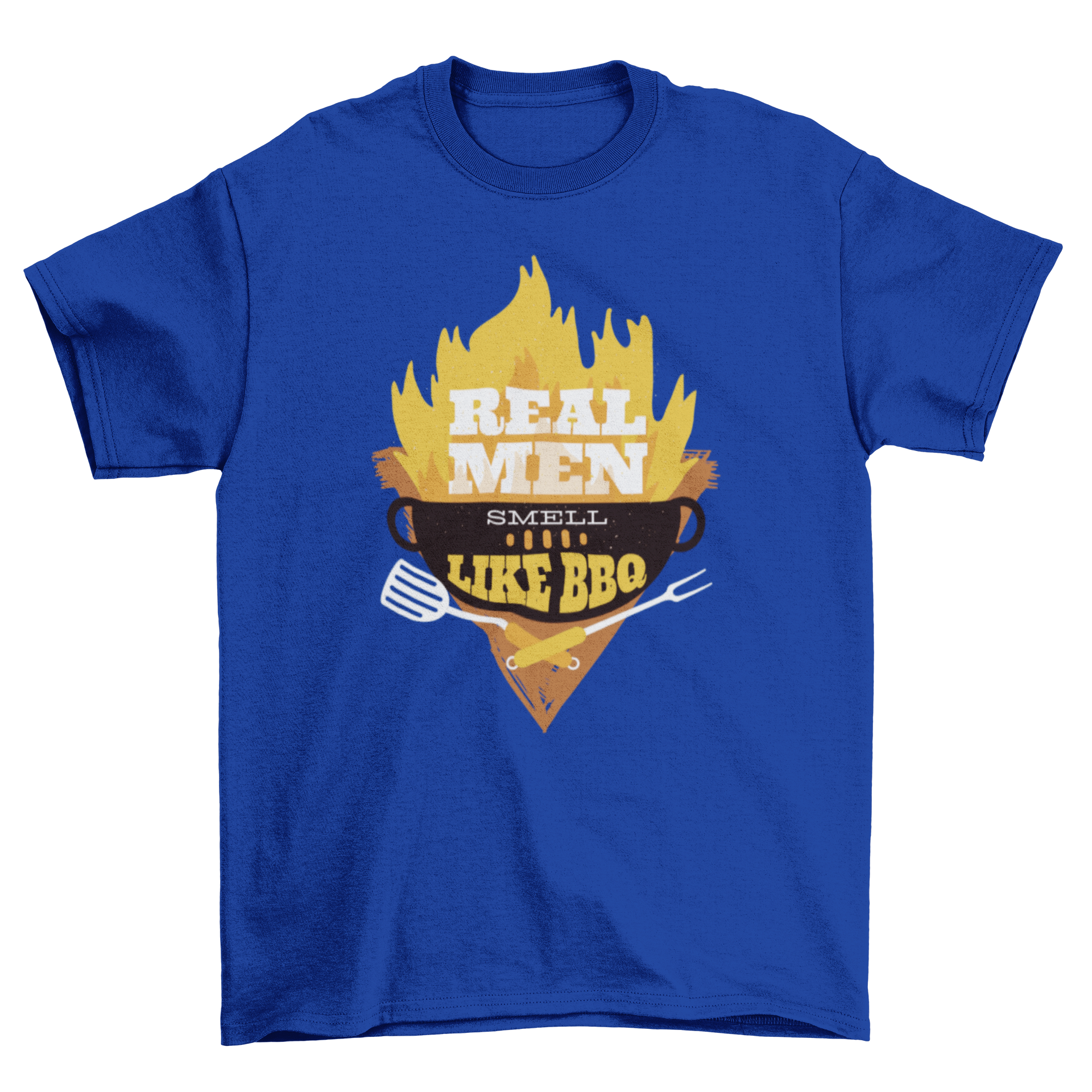 Real Men T-shirt featuring a BBQ grill illustration and flames with the text 'Real Men smell like BBQ'.