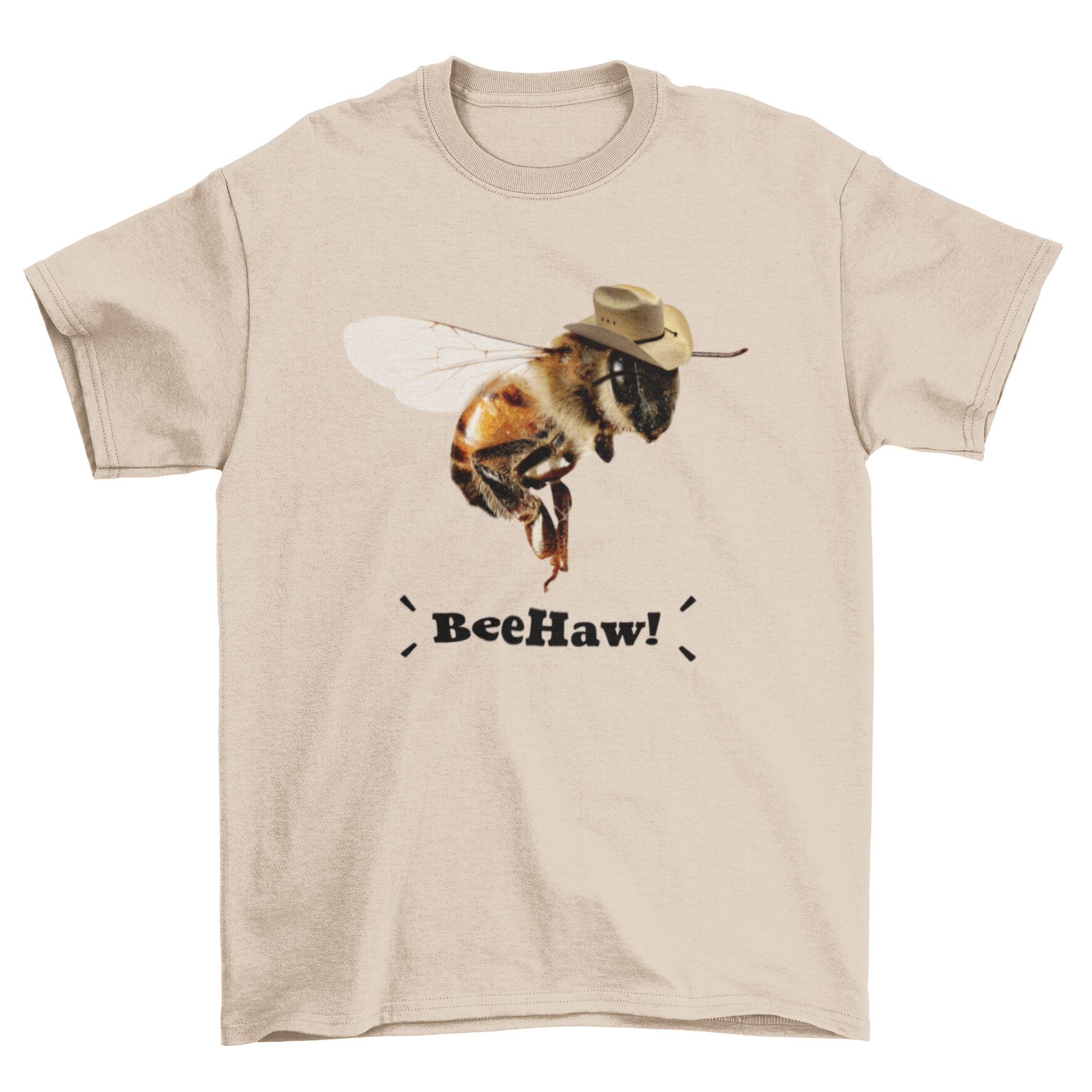 A stylish t-shirt featuring a realistic bee wearing a hat with the quote 'Beehaw', perfect for bee lovers.