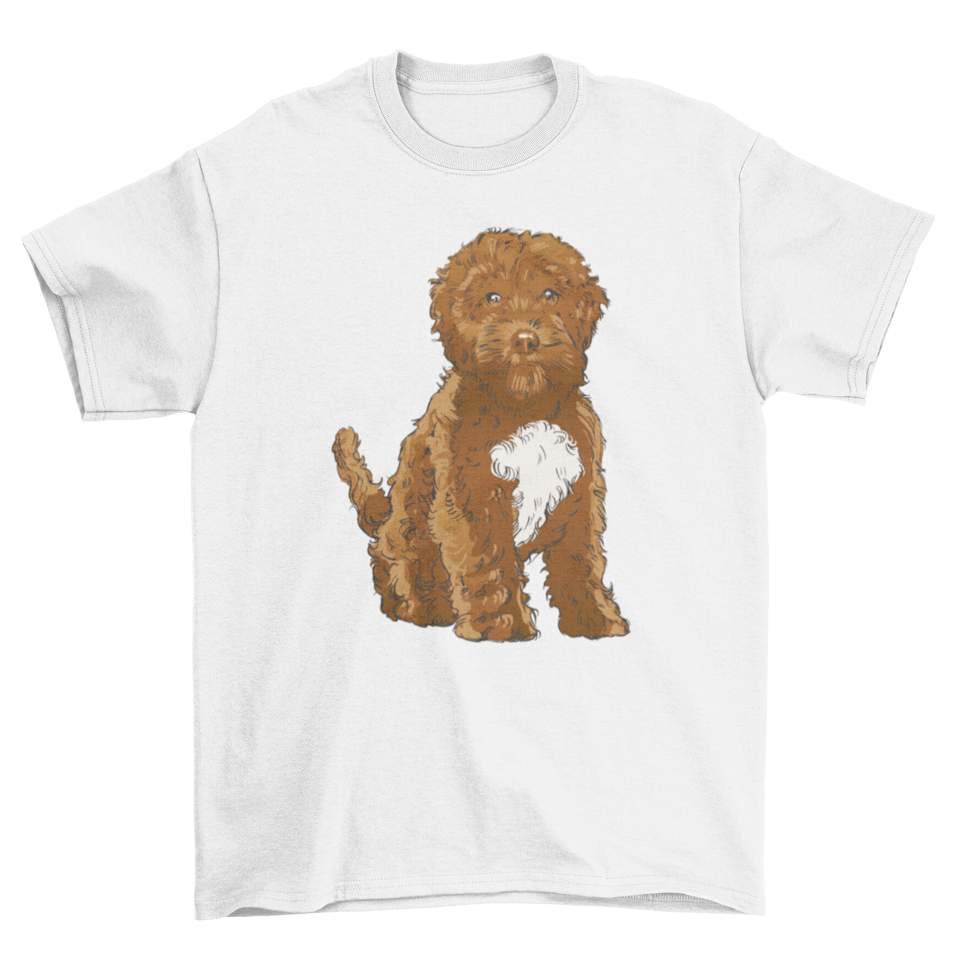 Realistic t-shirt featuring a Cockapoo dog sitting, showcasing its adorable features and charm.