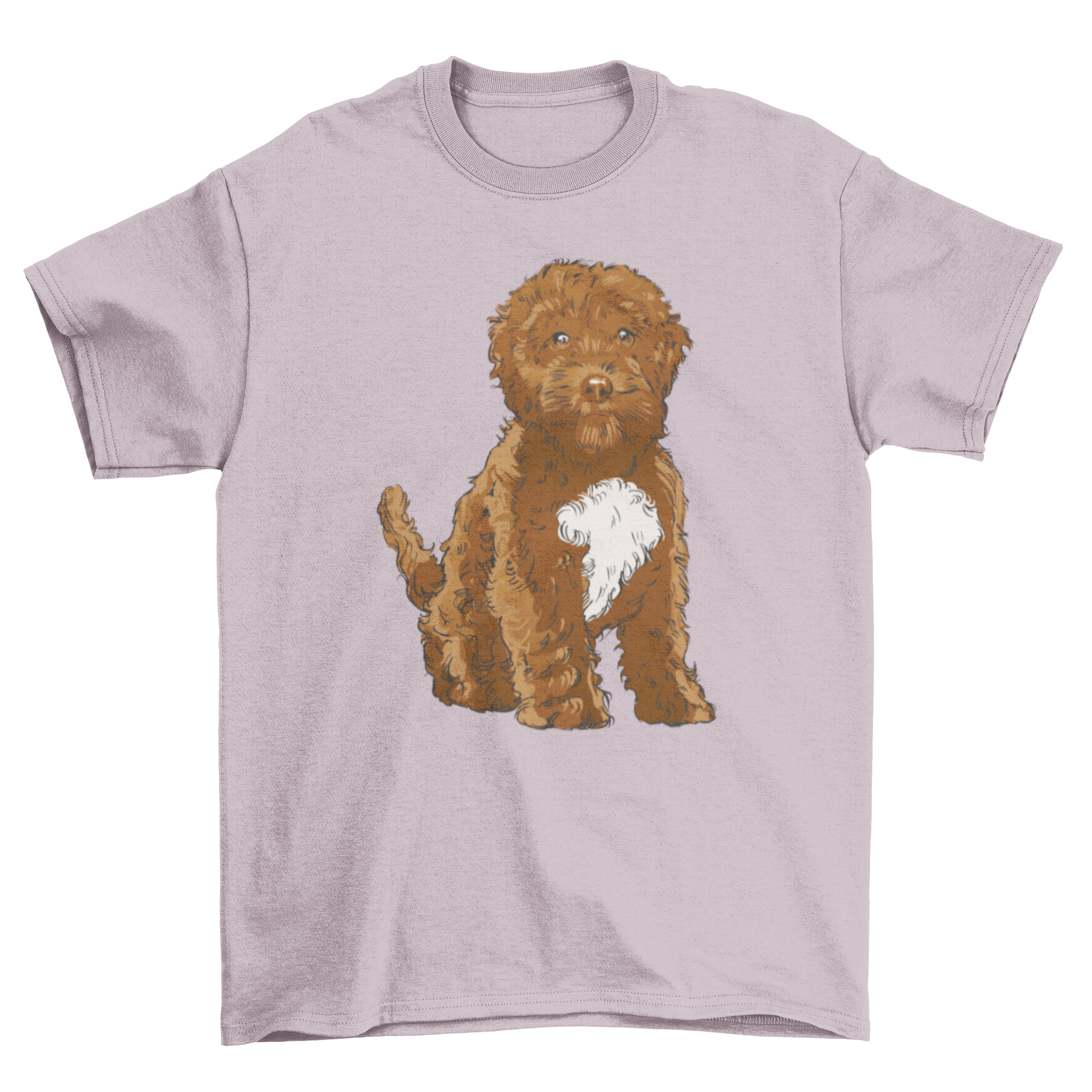 Realistic t-shirt featuring a Cockapoo dog sitting, showcasing its adorable features and charm.