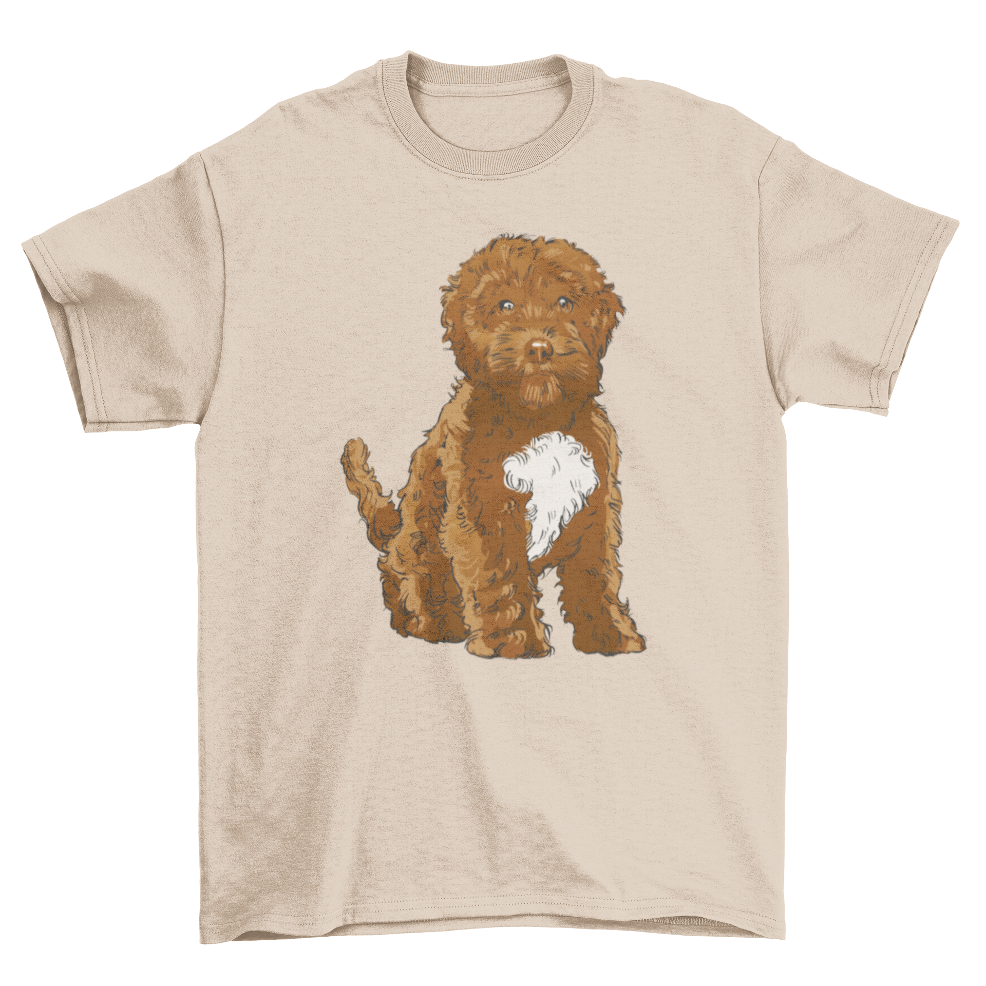 Realistic t-shirt featuring a Cockapoo dog sitting, showcasing its adorable features and charm.