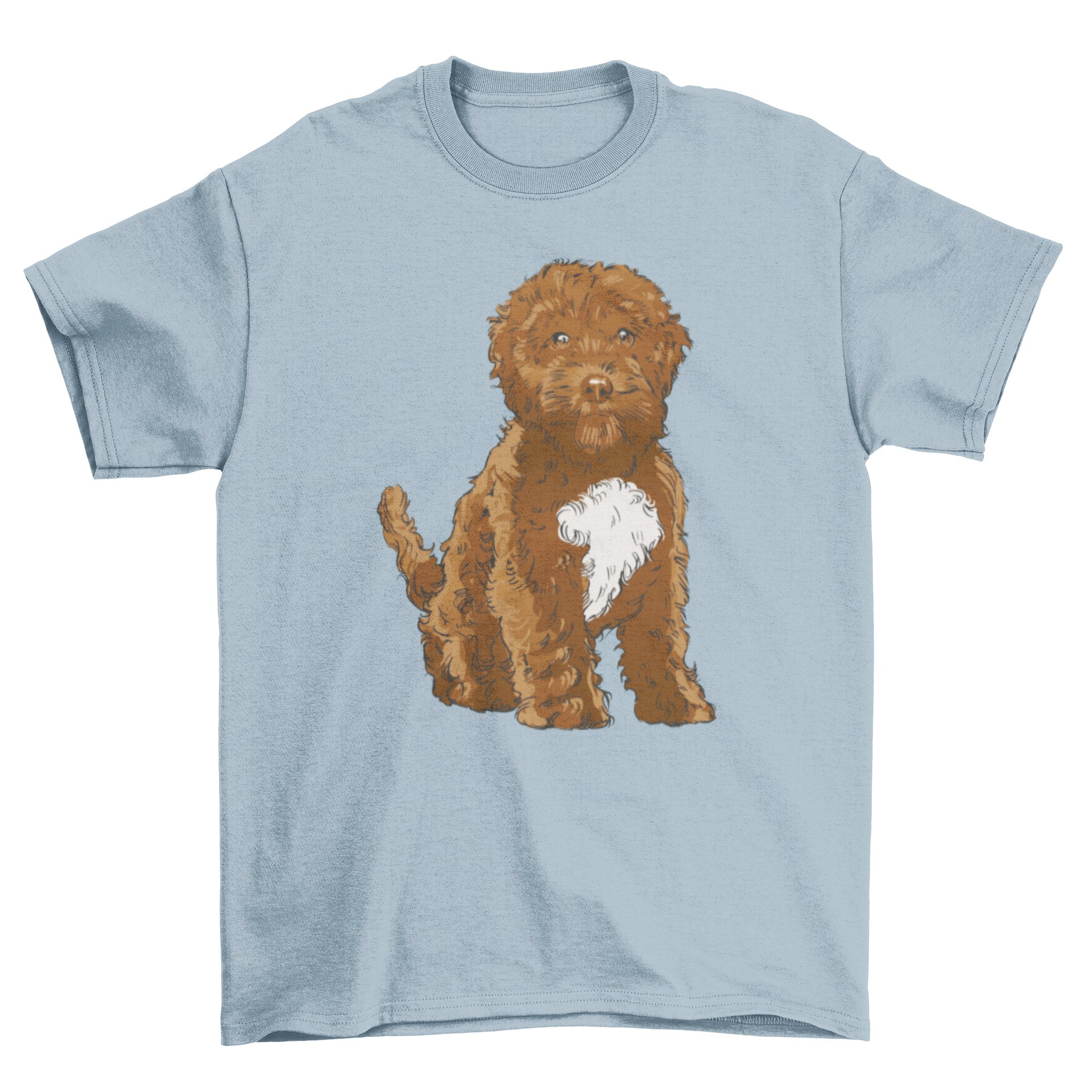 Realistic t-shirt featuring a Cockapoo dog sitting, showcasing its adorable features and charm.