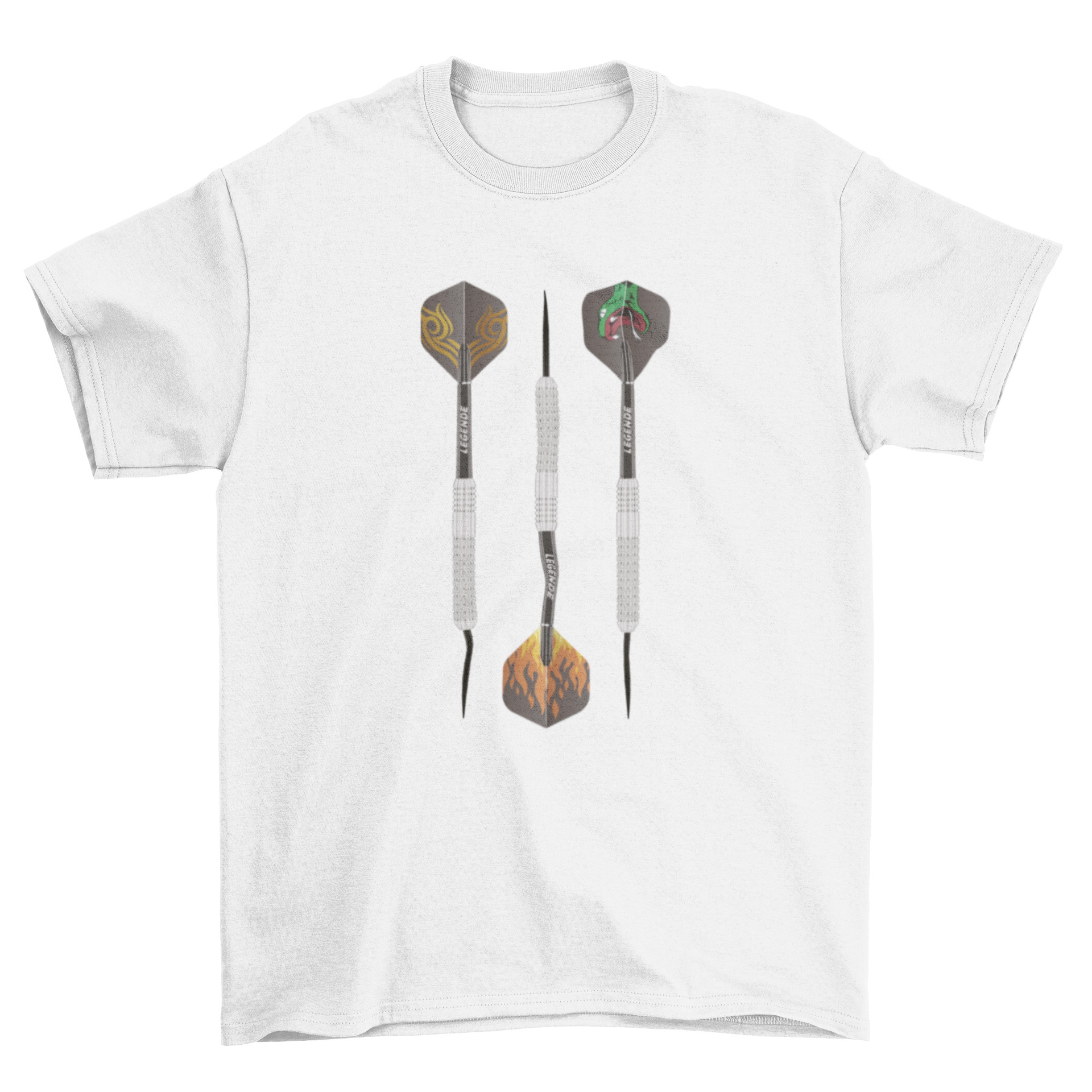 Realistic darts game t-shirt featuring three darts with fire, snake, and swirl patterns.