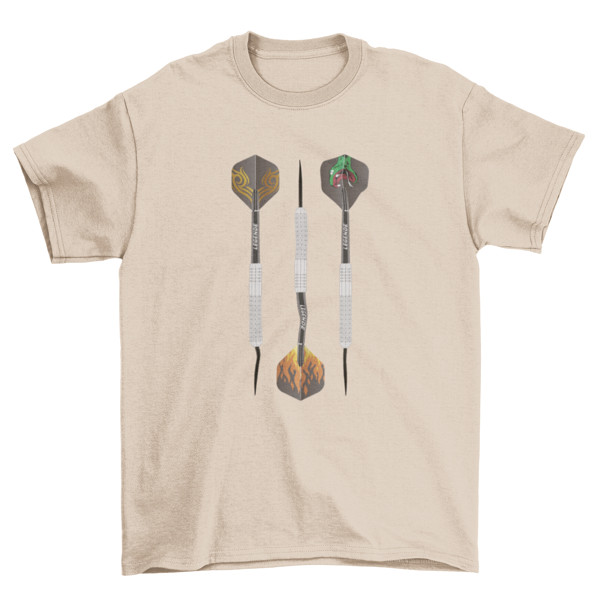 Realistic darts game t-shirt featuring three darts with fire, snake, and swirl patterns.