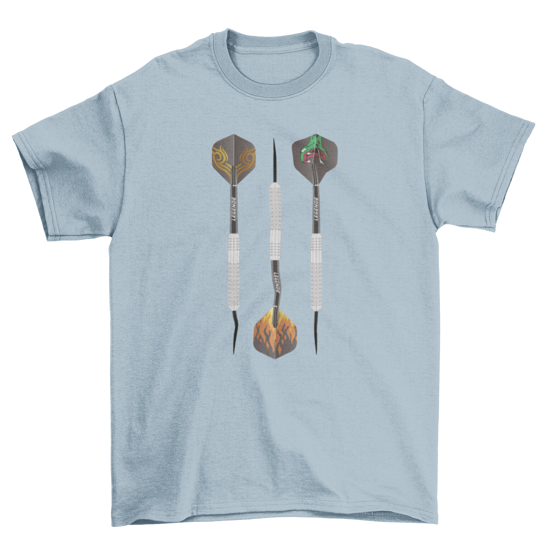 Realistic darts game t-shirt featuring three darts with fire, snake, and swirl patterns.