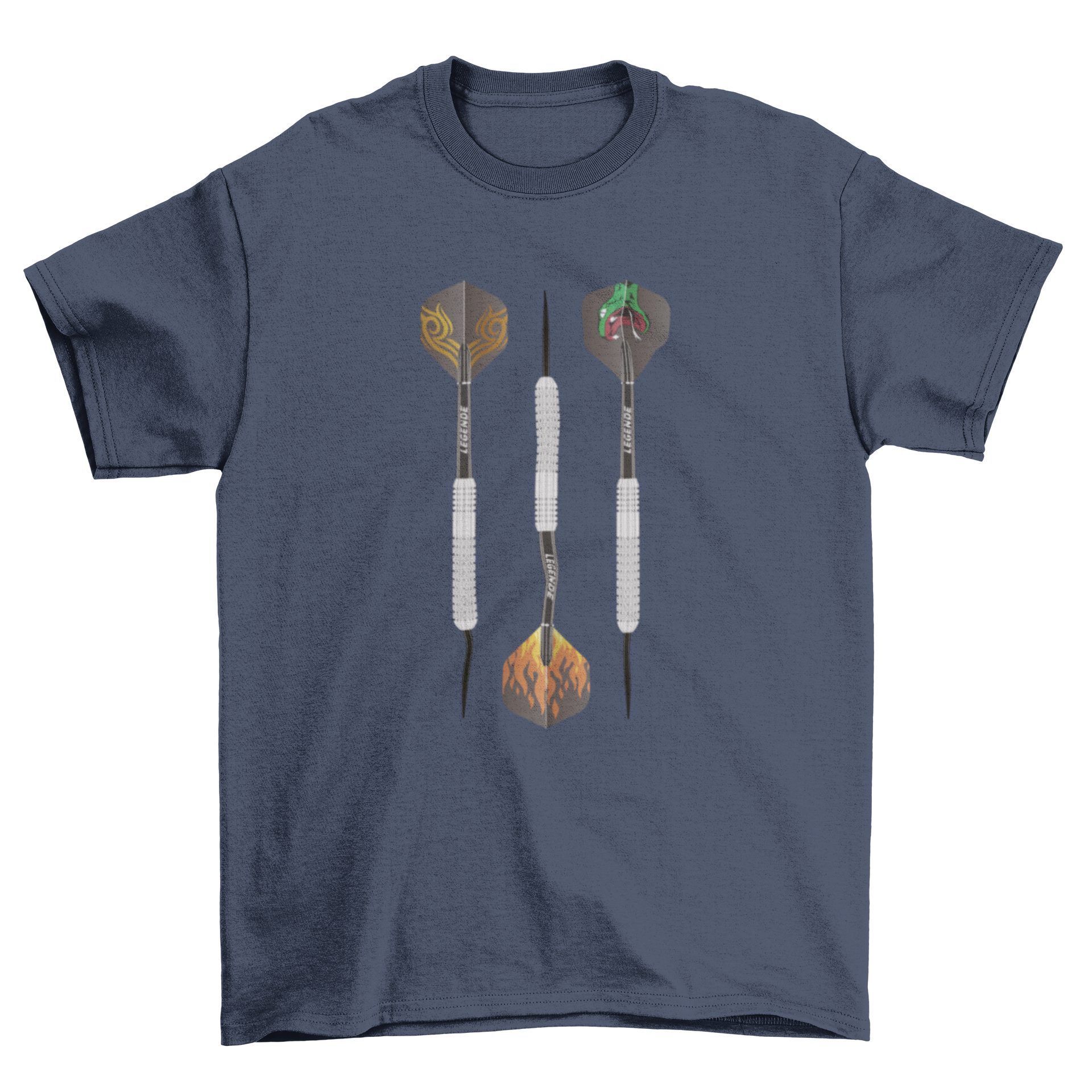 Realistic darts game t-shirt featuring three darts with fire, snake, and swirl patterns.