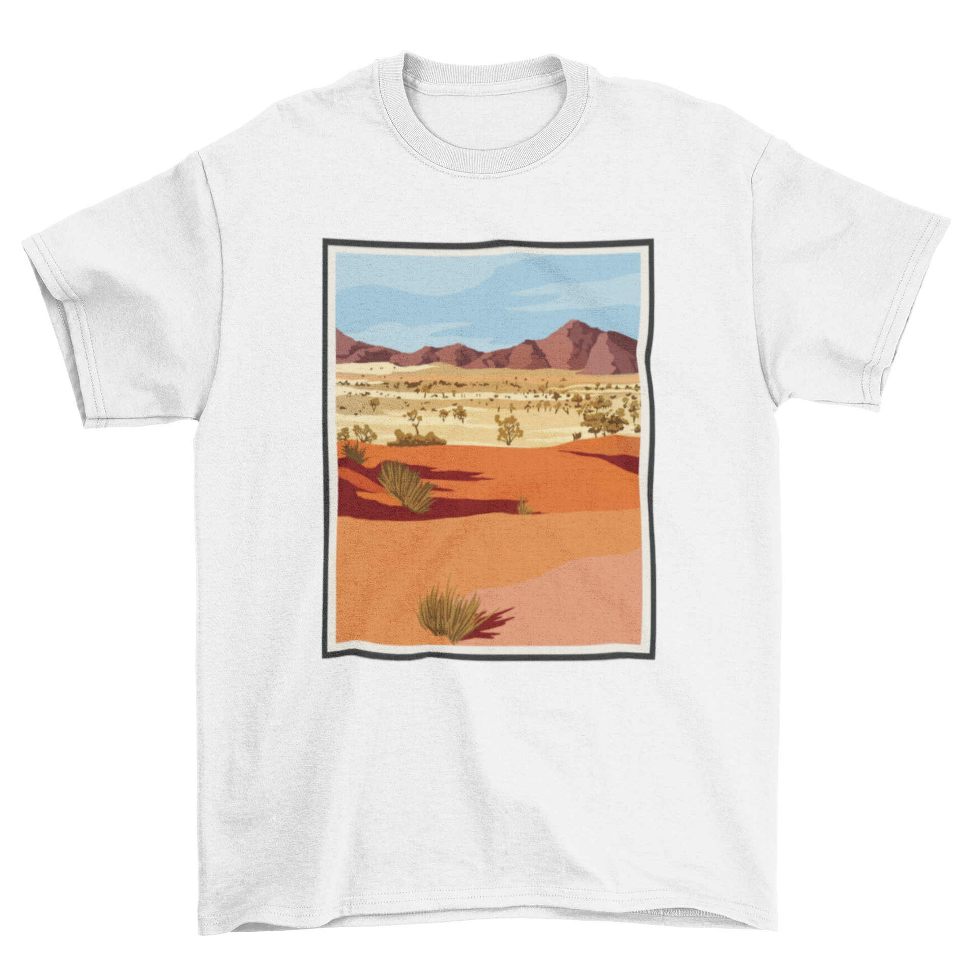 A stylish t-shirt featuring a realistic desert landscape design with mountains and plants, perfect for nature enthusiasts.