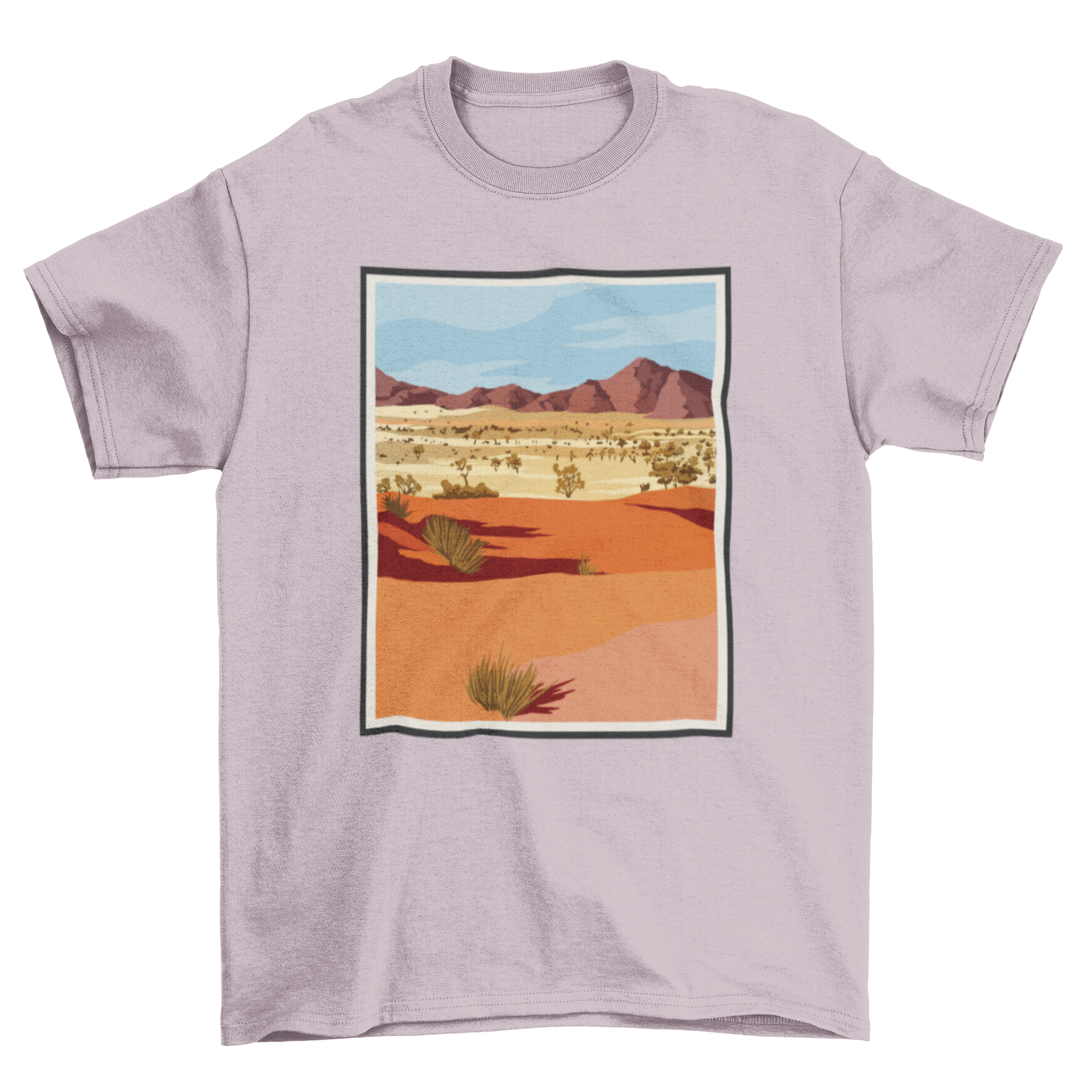 A stylish t-shirt featuring a realistic desert landscape design with mountains and plants, perfect for nature enthusiasts.