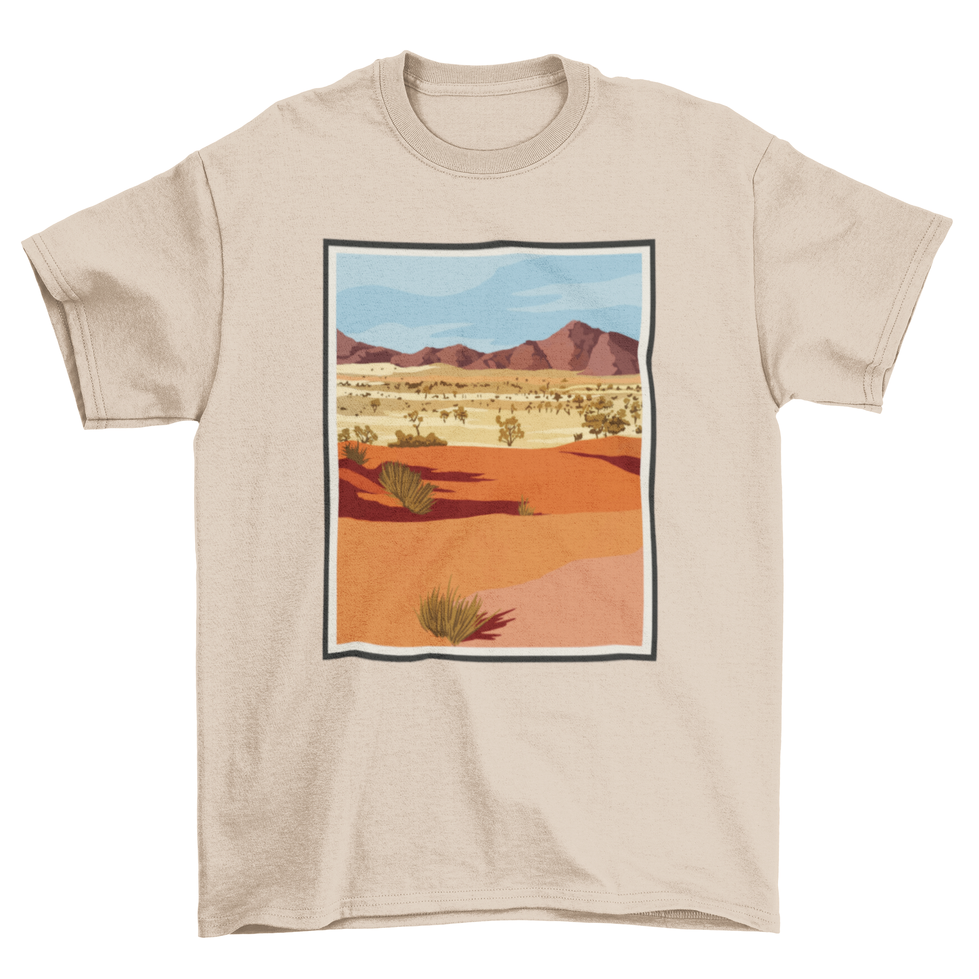 A stylish t-shirt featuring a realistic desert landscape design with mountains and plants, perfect for nature enthusiasts.