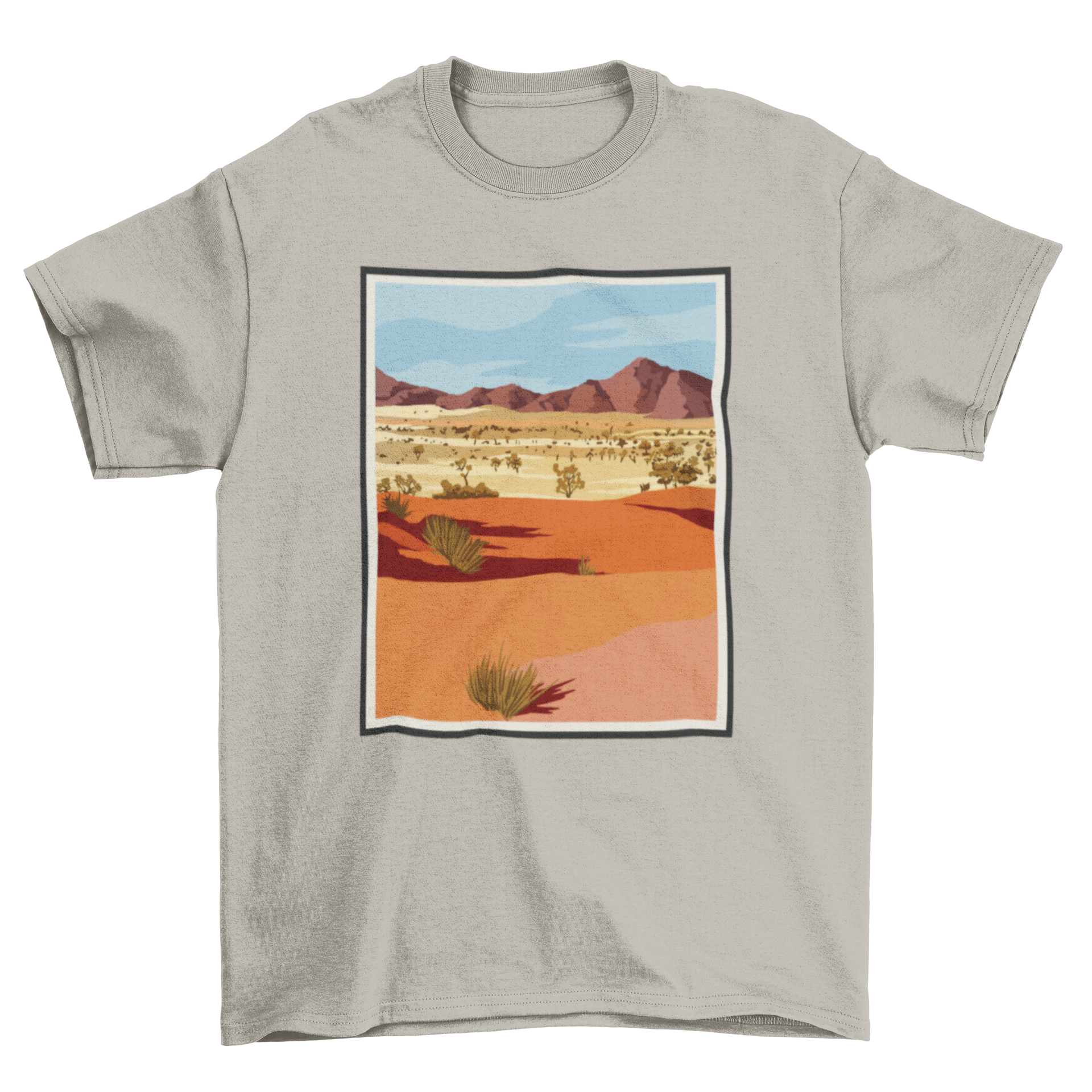 A stylish t-shirt featuring a realistic desert landscape design with mountains and plants, perfect for nature enthusiasts.