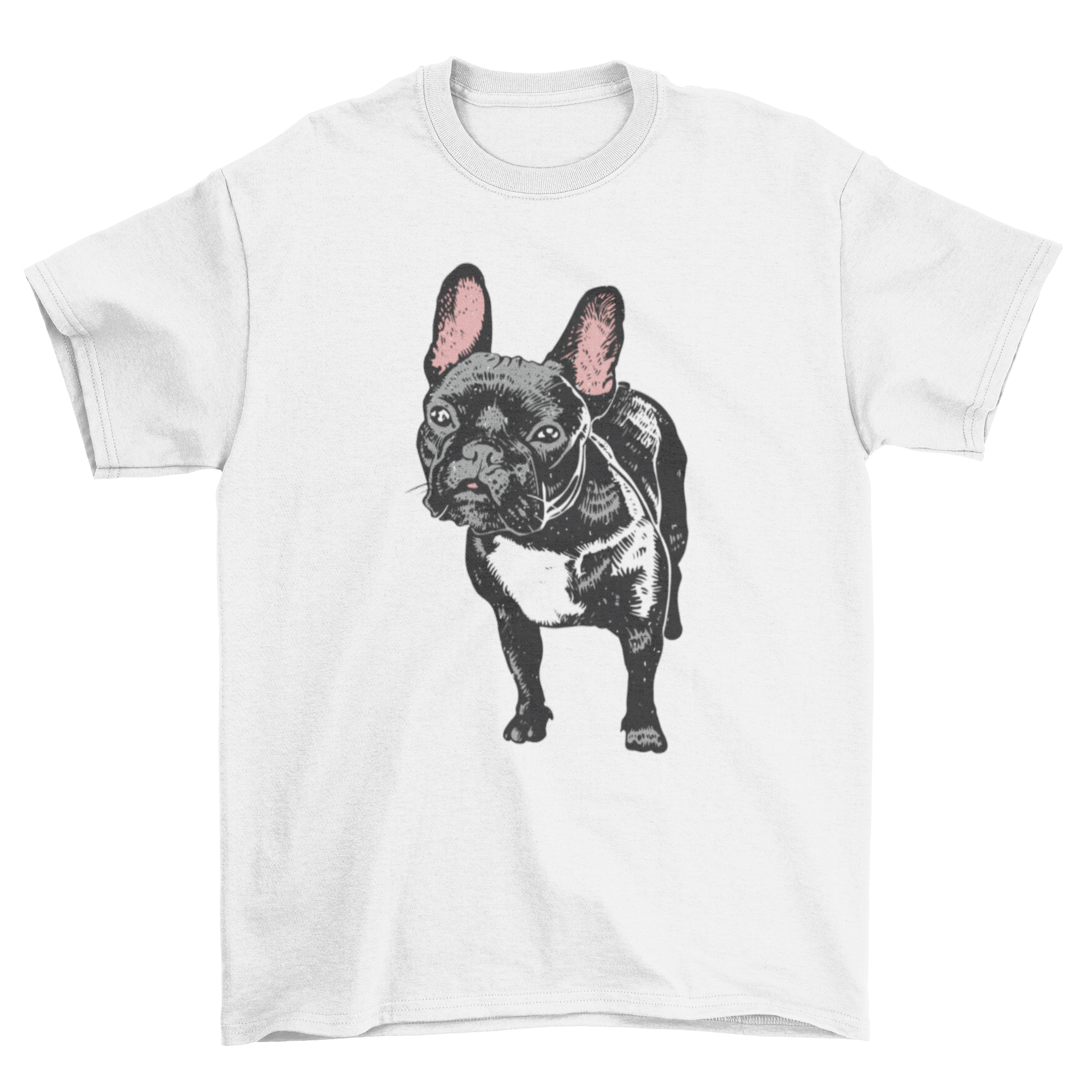 A stylish t-shirt featuring a realistic illustration of a French bulldog, showcasing its unique design and high-quality fabric.