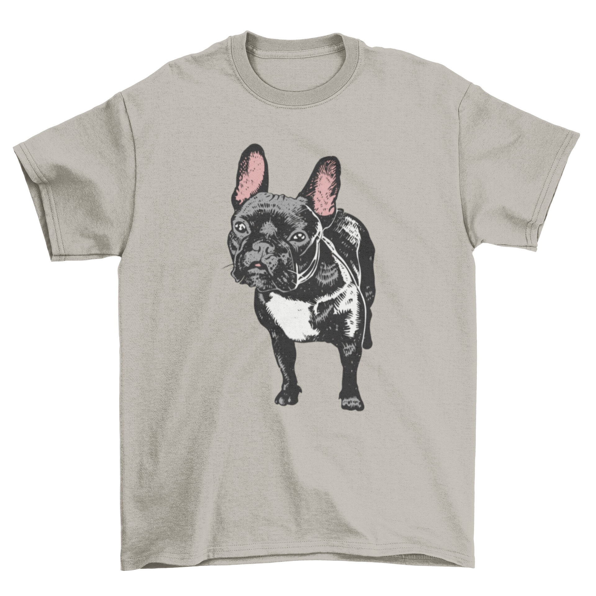 A stylish t-shirt featuring a realistic illustration of a French bulldog, showcasing its unique design and high-quality fabric.