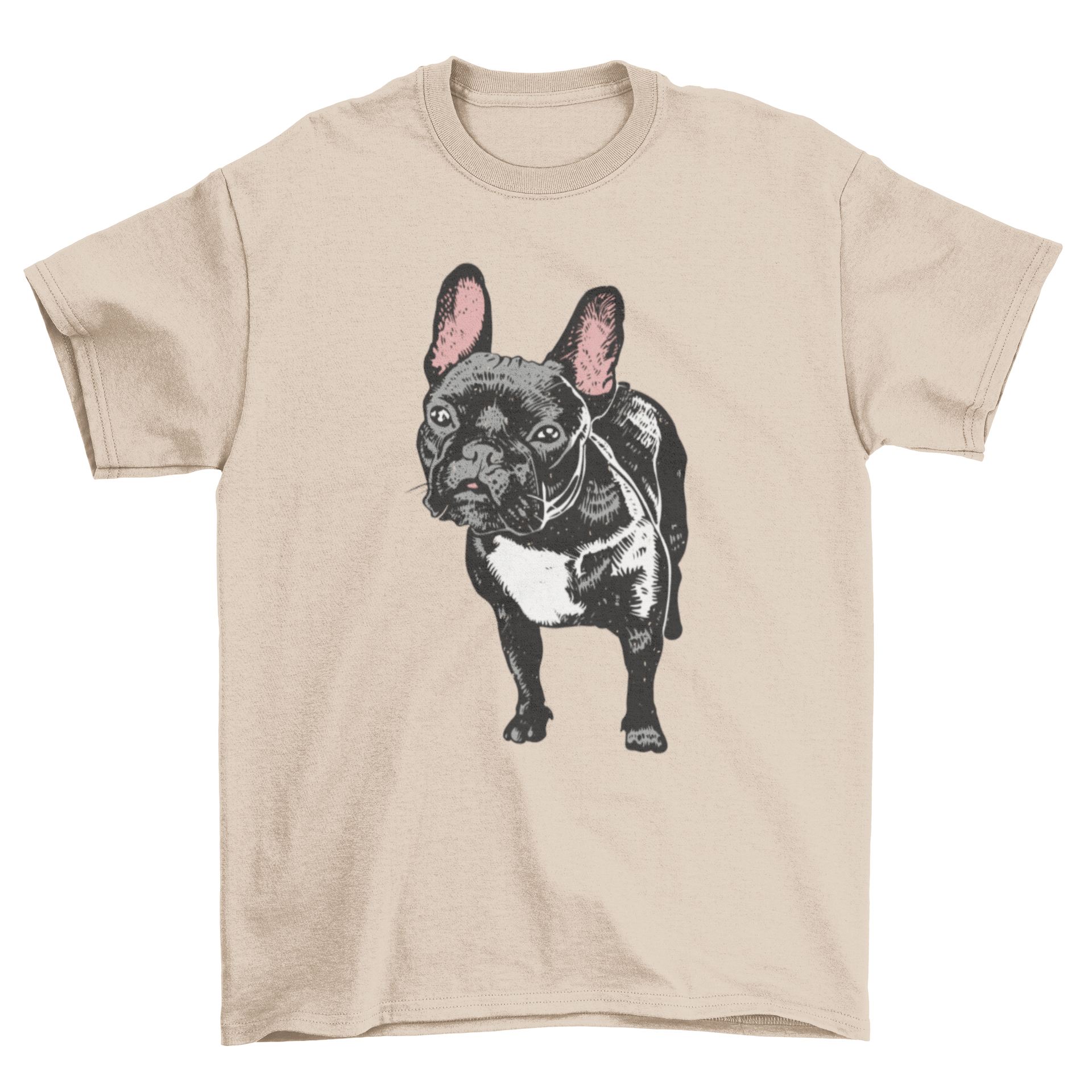 A stylish t-shirt featuring a realistic illustration of a French bulldog, showcasing its unique design and high-quality fabric.