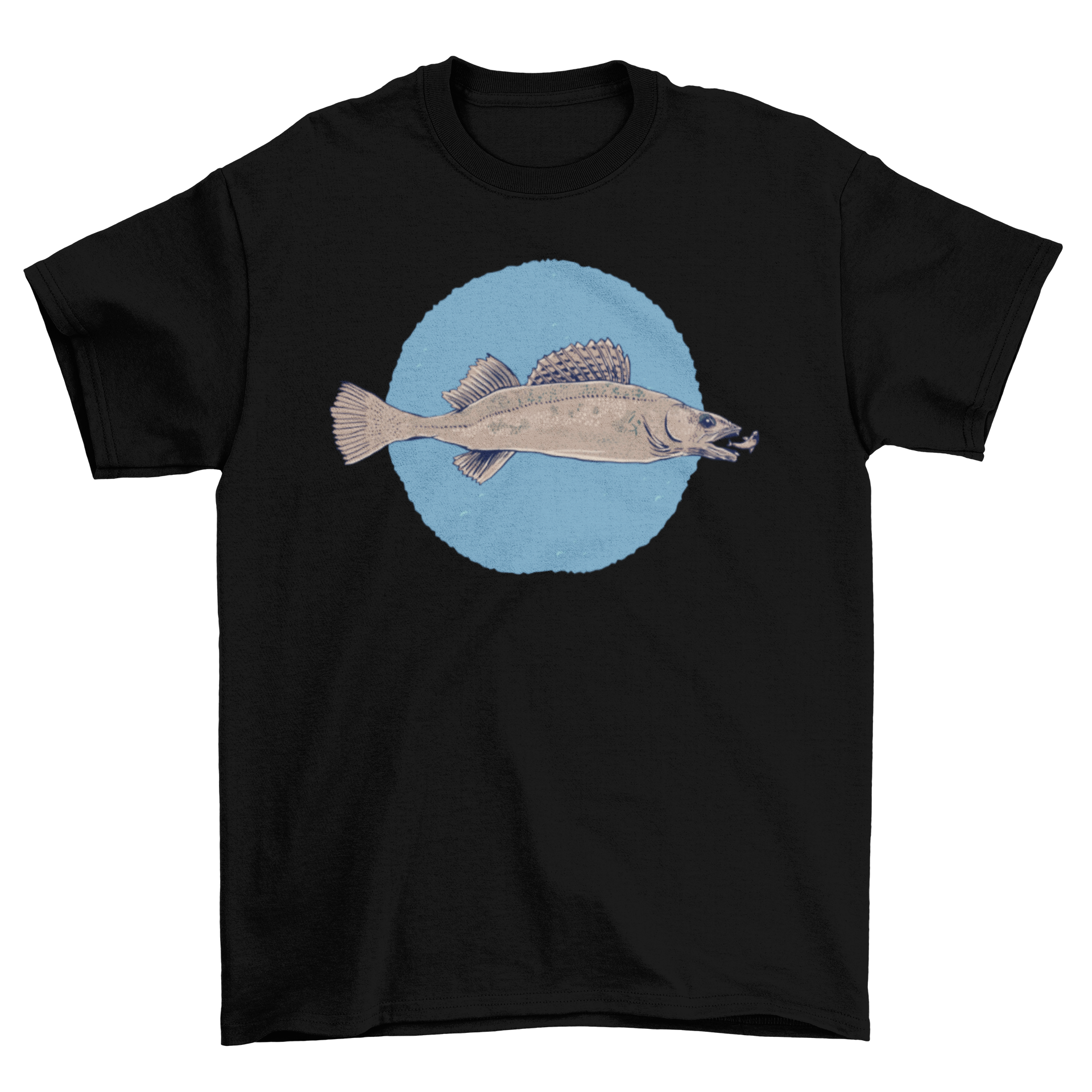 Realistic pikeperch fish t-shirt design featuring a detailed illustration of a pikeperch eating.