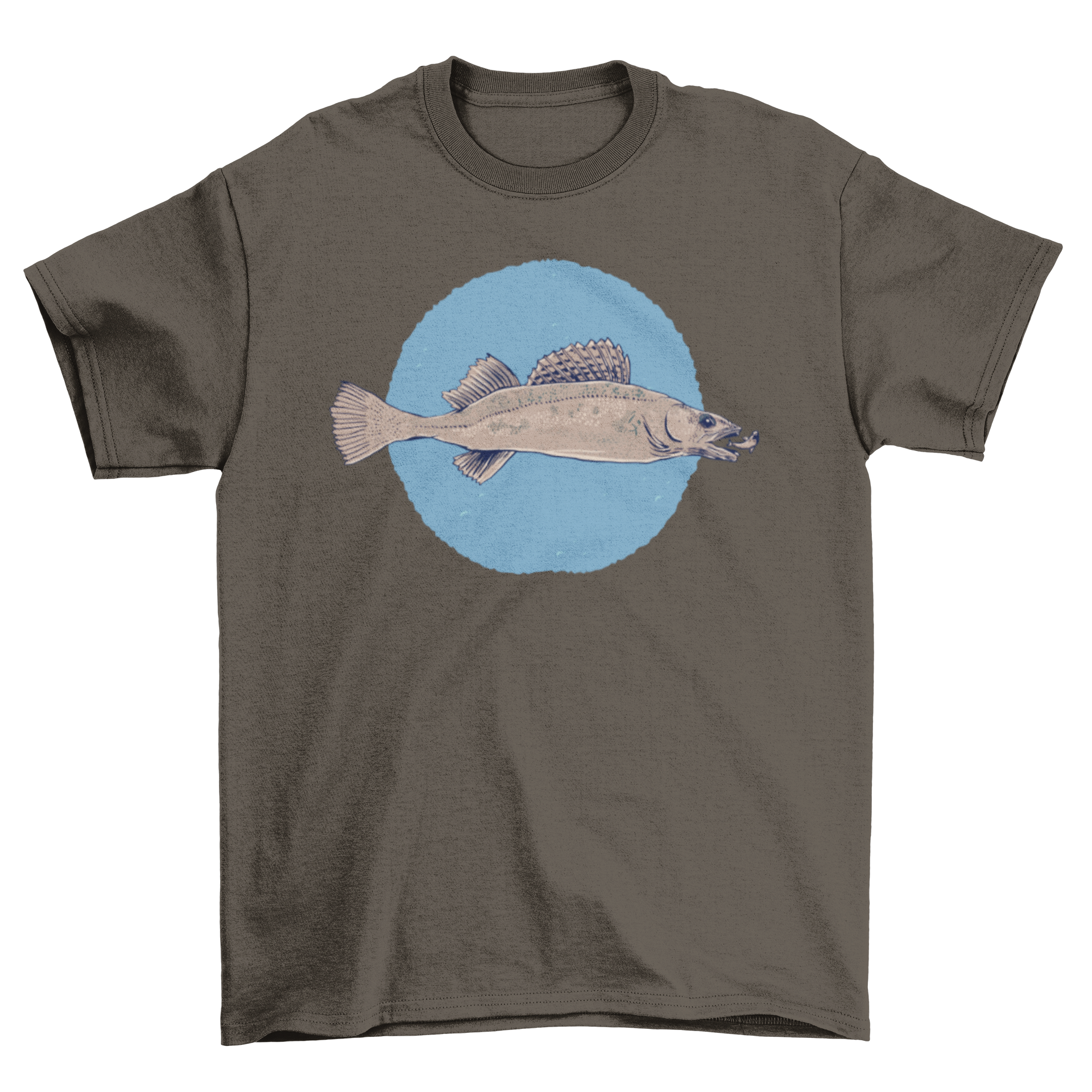 Realistic pikeperch fish t-shirt design featuring a detailed illustration of a pikeperch eating.