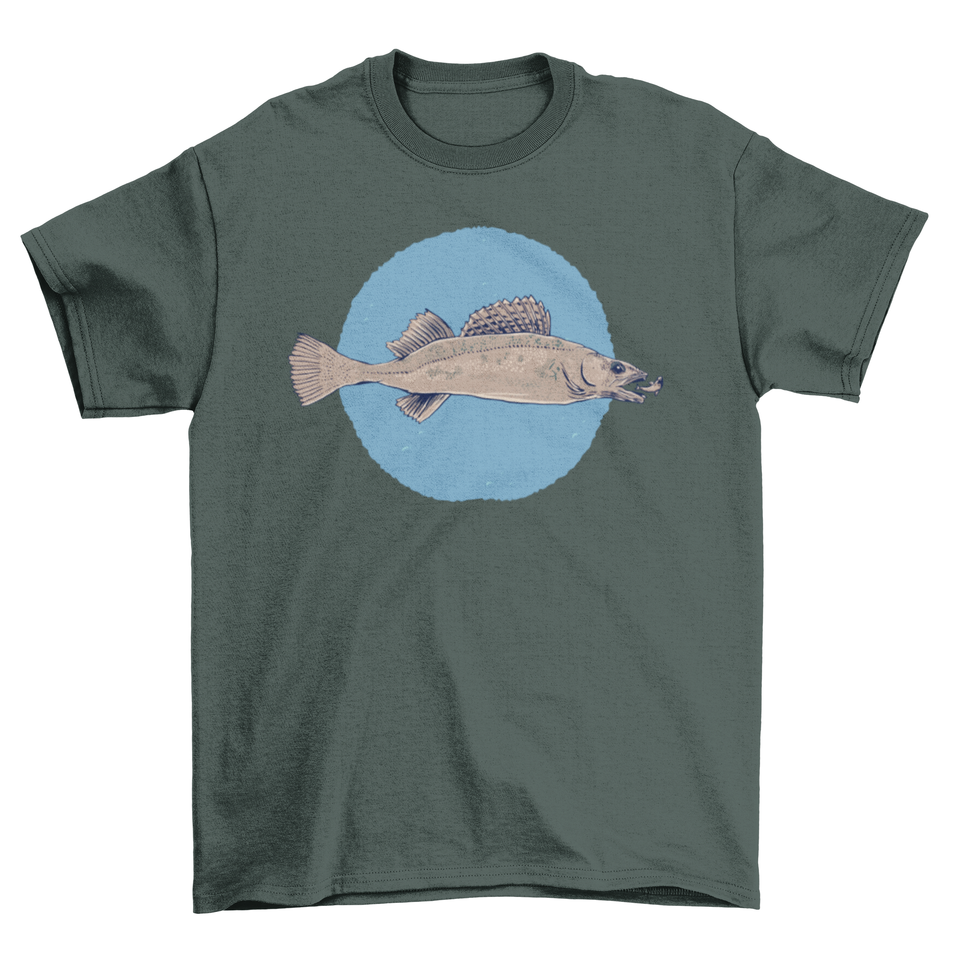 Realistic pikeperch fish t-shirt design featuring a detailed illustration of a pikeperch eating.