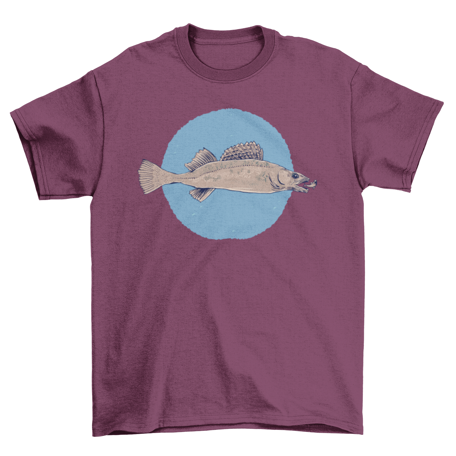 Realistic pikeperch fish t-shirt design featuring a detailed illustration of a pikeperch eating.