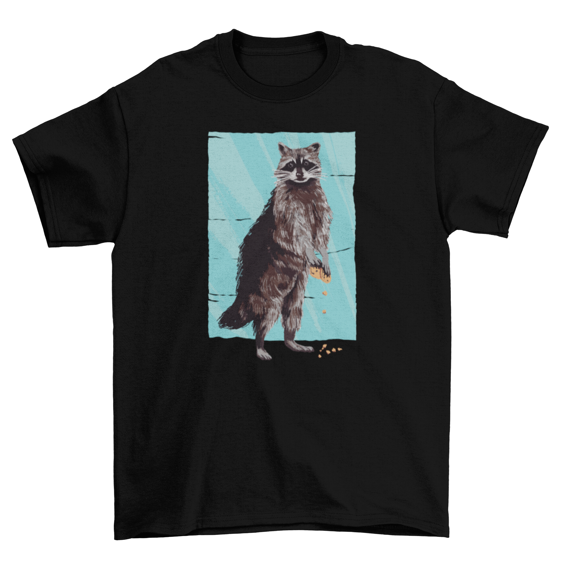 A cute t-shirt featuring a realistic raccoon holding stolen cookies, showcasing a playful design.