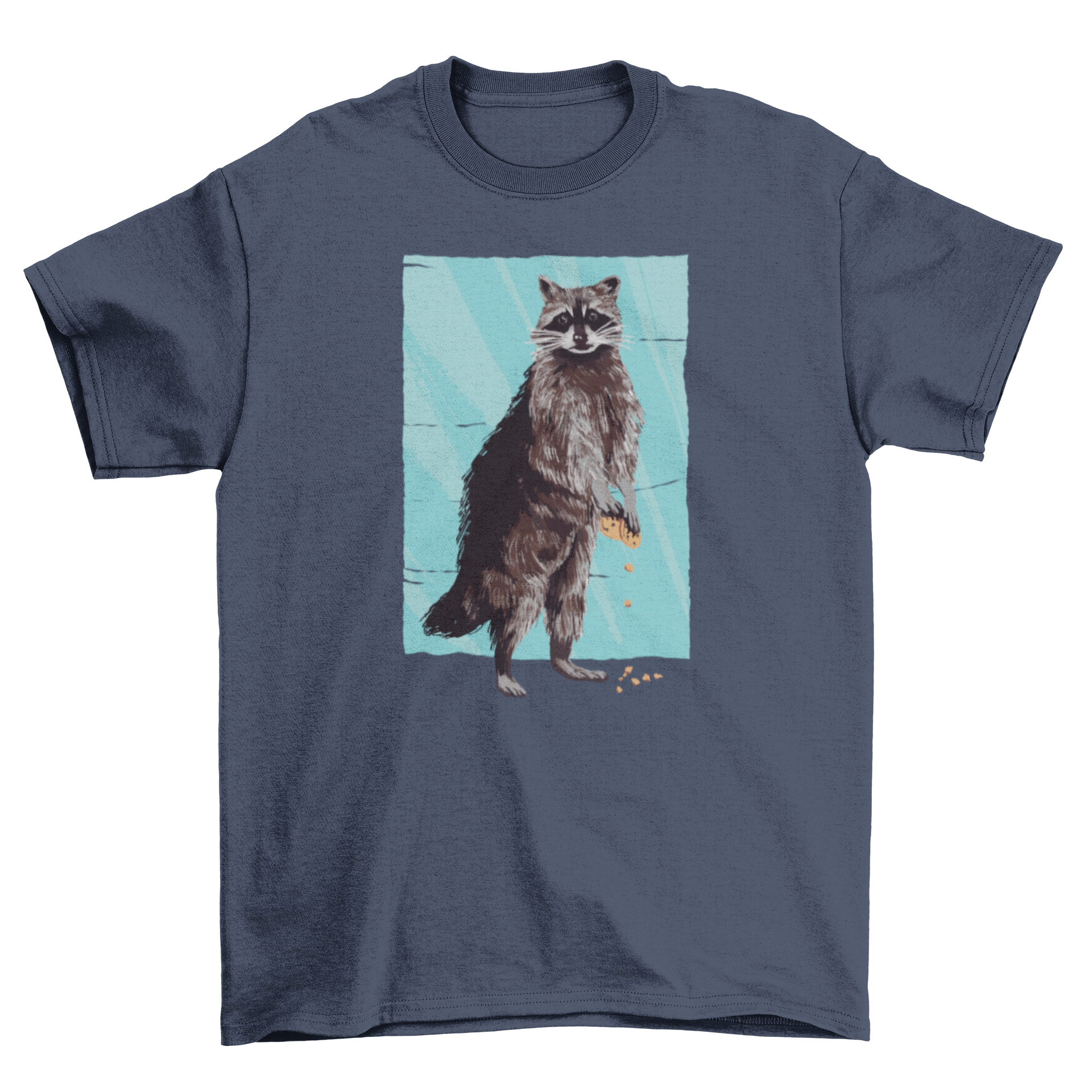 A cute t-shirt featuring a realistic raccoon holding stolen cookies, showcasing a playful design.