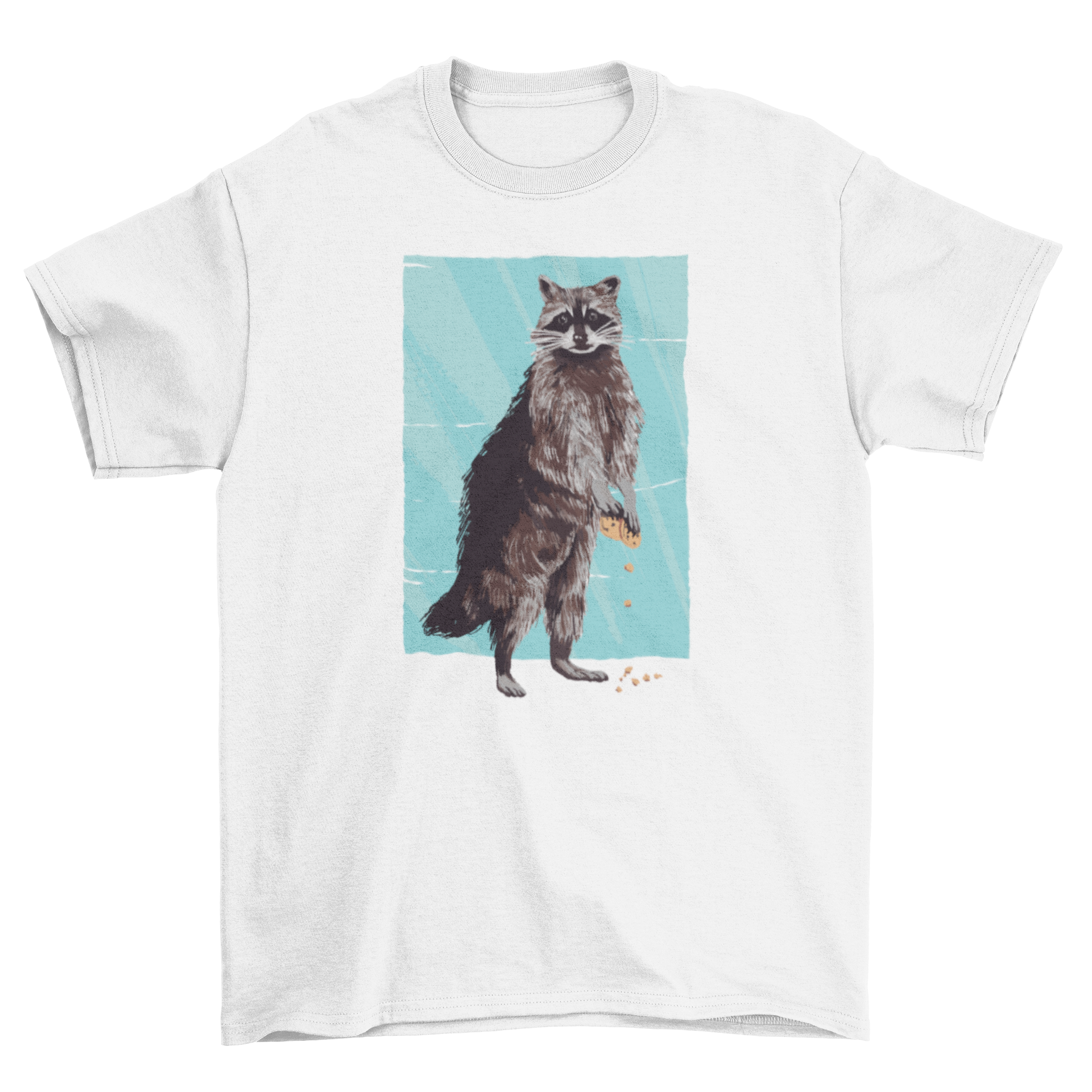 A cute t-shirt featuring a realistic raccoon holding stolen cookies, showcasing a playful design.