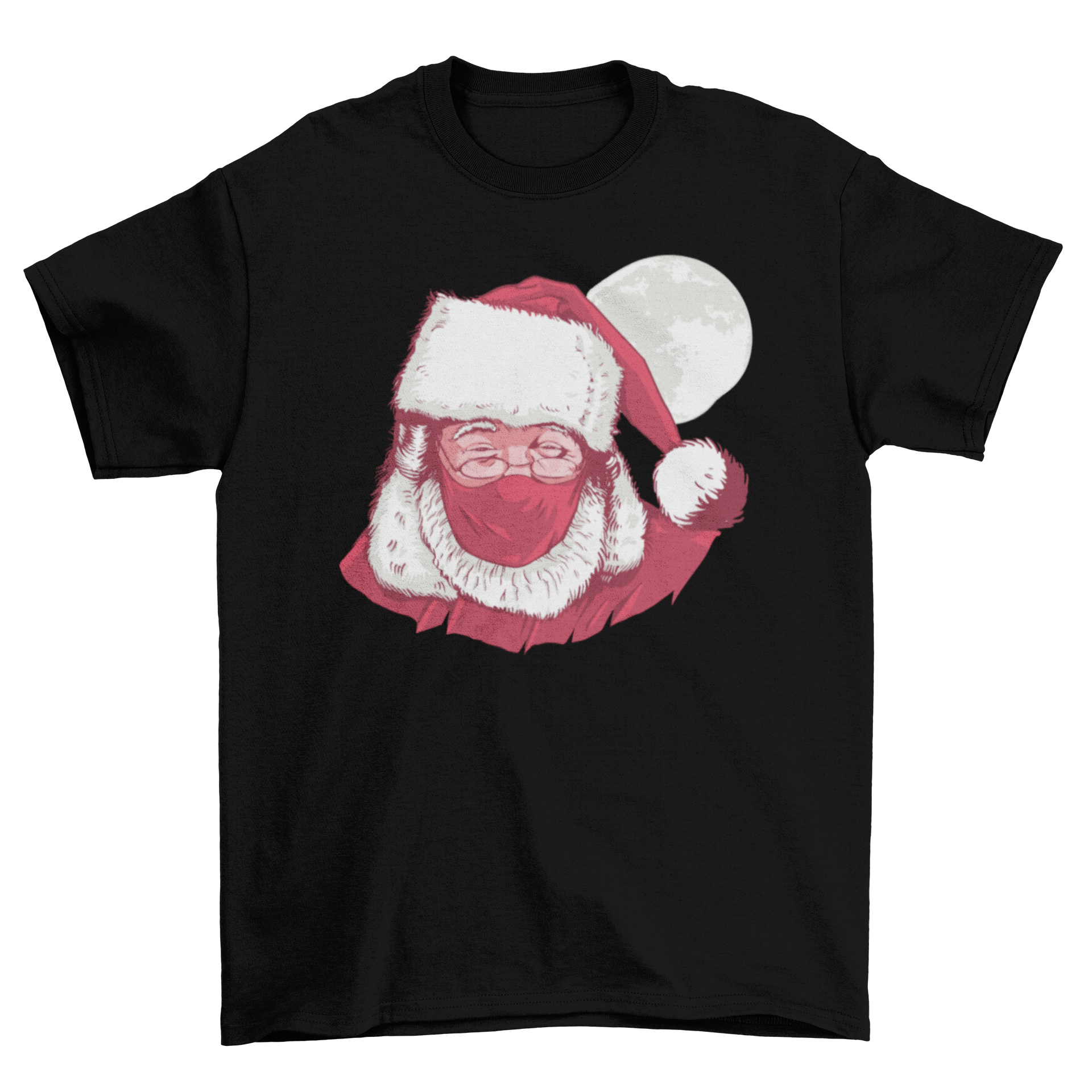 Realistic Santa Claus face mask t-shirt featuring a detailed design of Santa wearing a mask, perfect for holiday celebrations.