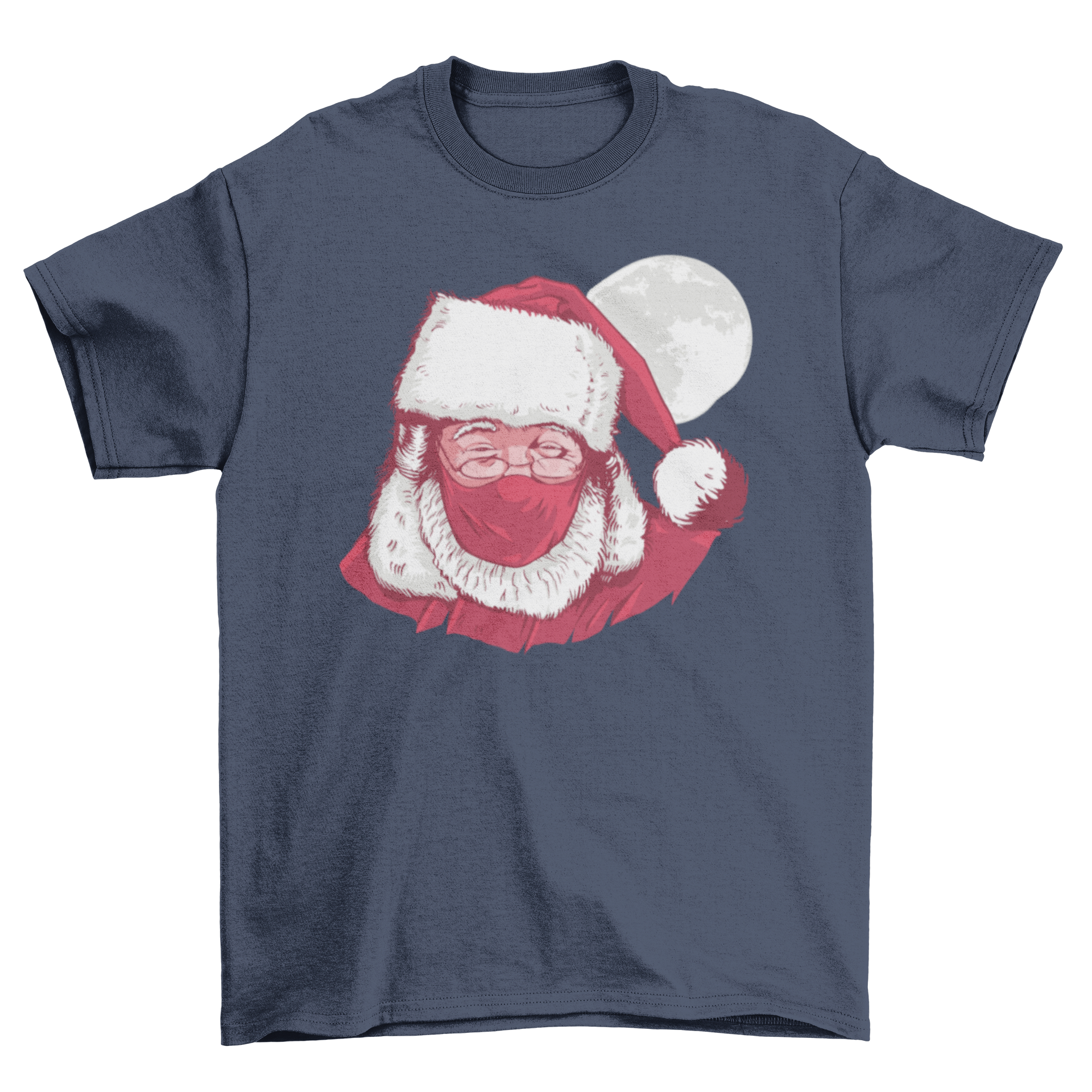 Realistic Santa Claus face mask t-shirt featuring a detailed design of Santa wearing a mask, perfect for holiday celebrations.