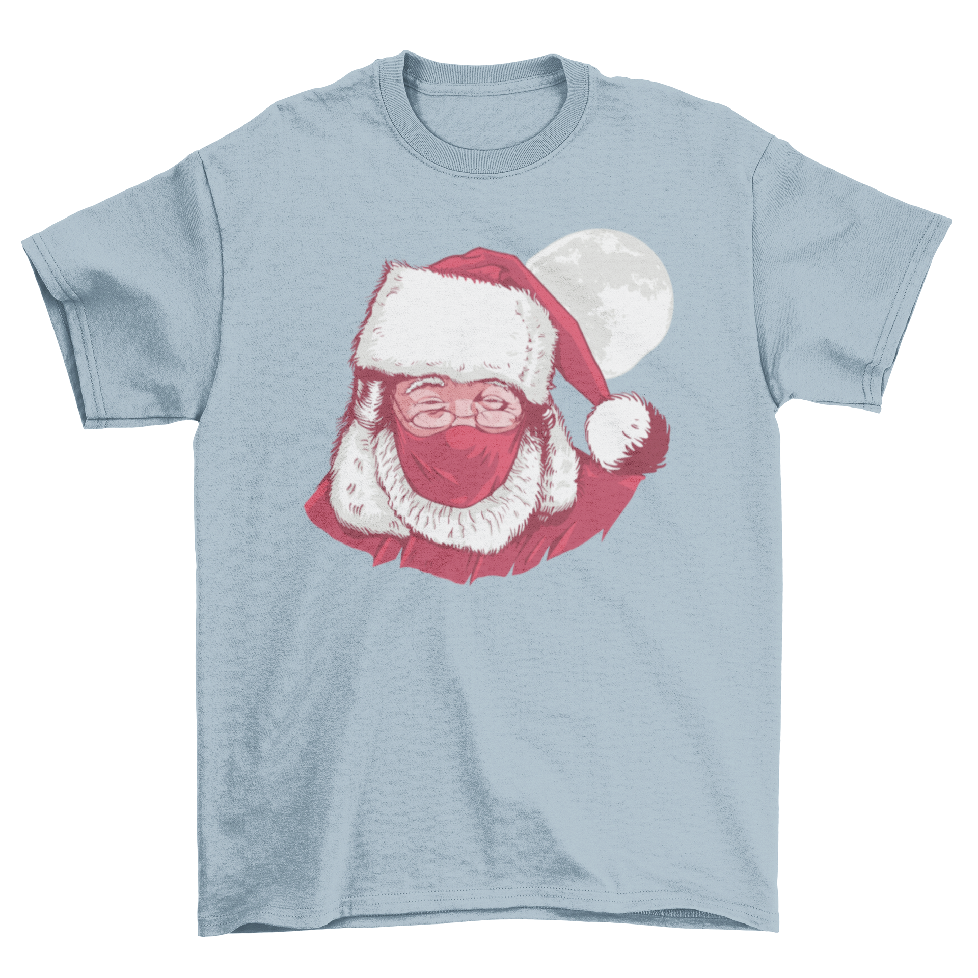 Realistic Santa Claus face mask t-shirt featuring a detailed design of Santa wearing a mask, perfect for holiday celebrations.