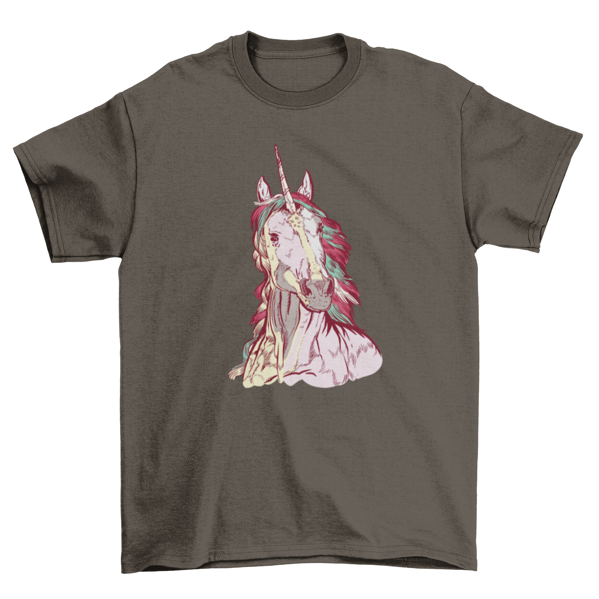 A realistic hand-drawn unicorn design on a soft t-shirt, showcasing vibrant colors and intricate details.