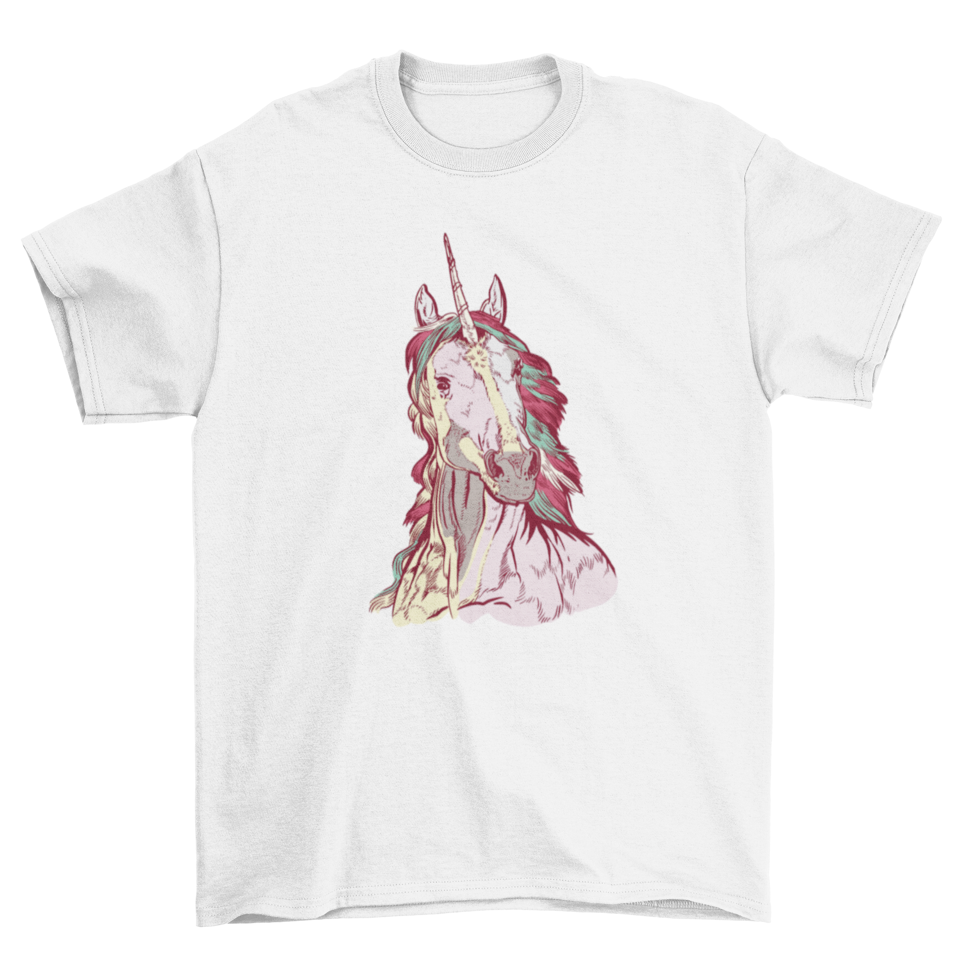 A realistic hand-drawn unicorn design on a soft t-shirt, showcasing vibrant colors and intricate details.