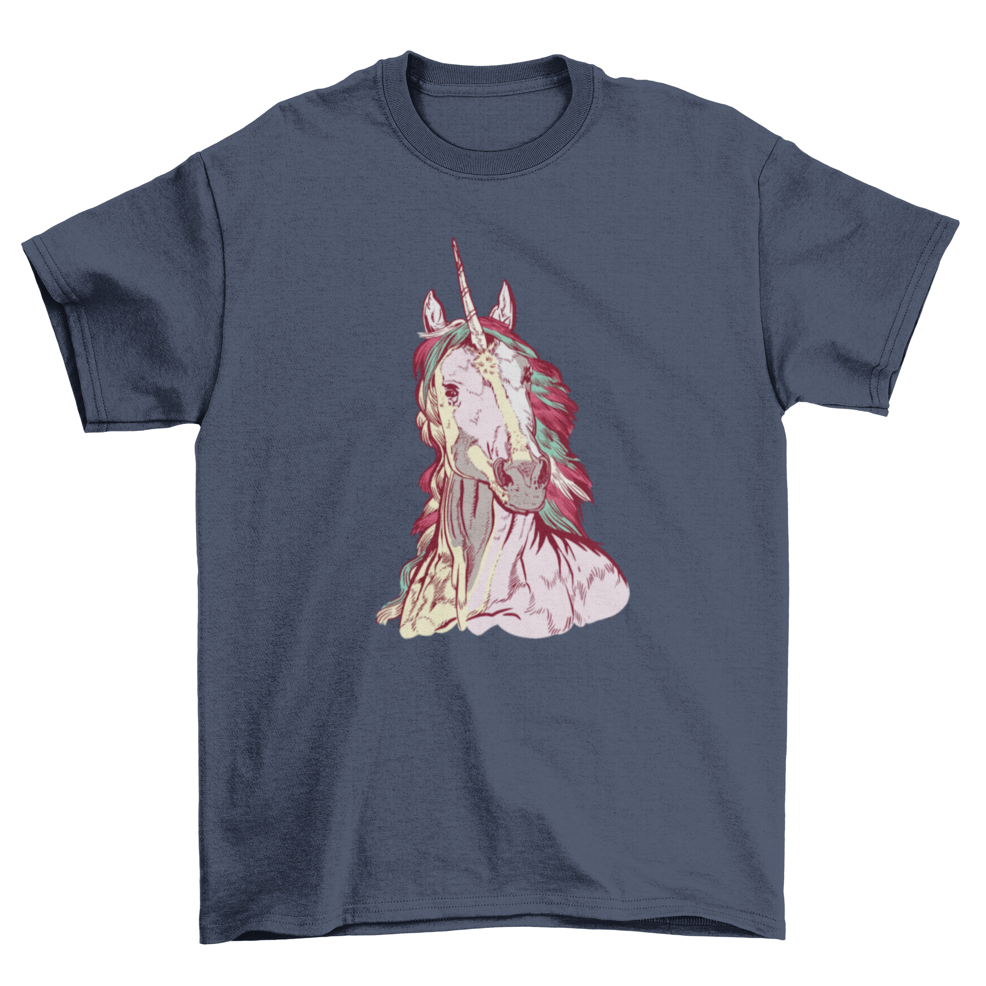 A realistic hand-drawn unicorn design on a soft t-shirt, showcasing vibrant colors and intricate details.